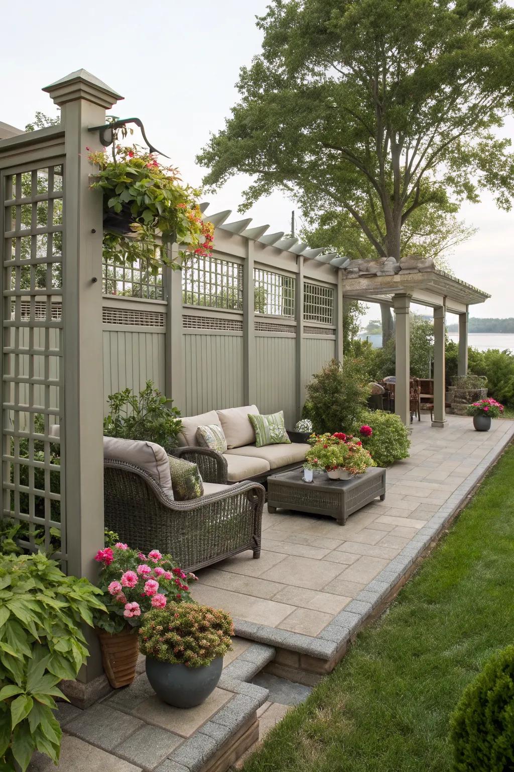 A cohesive outdoor living space with a fence that ties everything together.