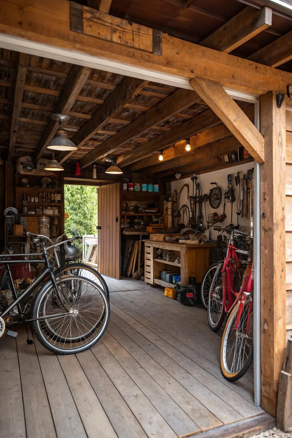 A warm, rustic garage featuring wooden elements.