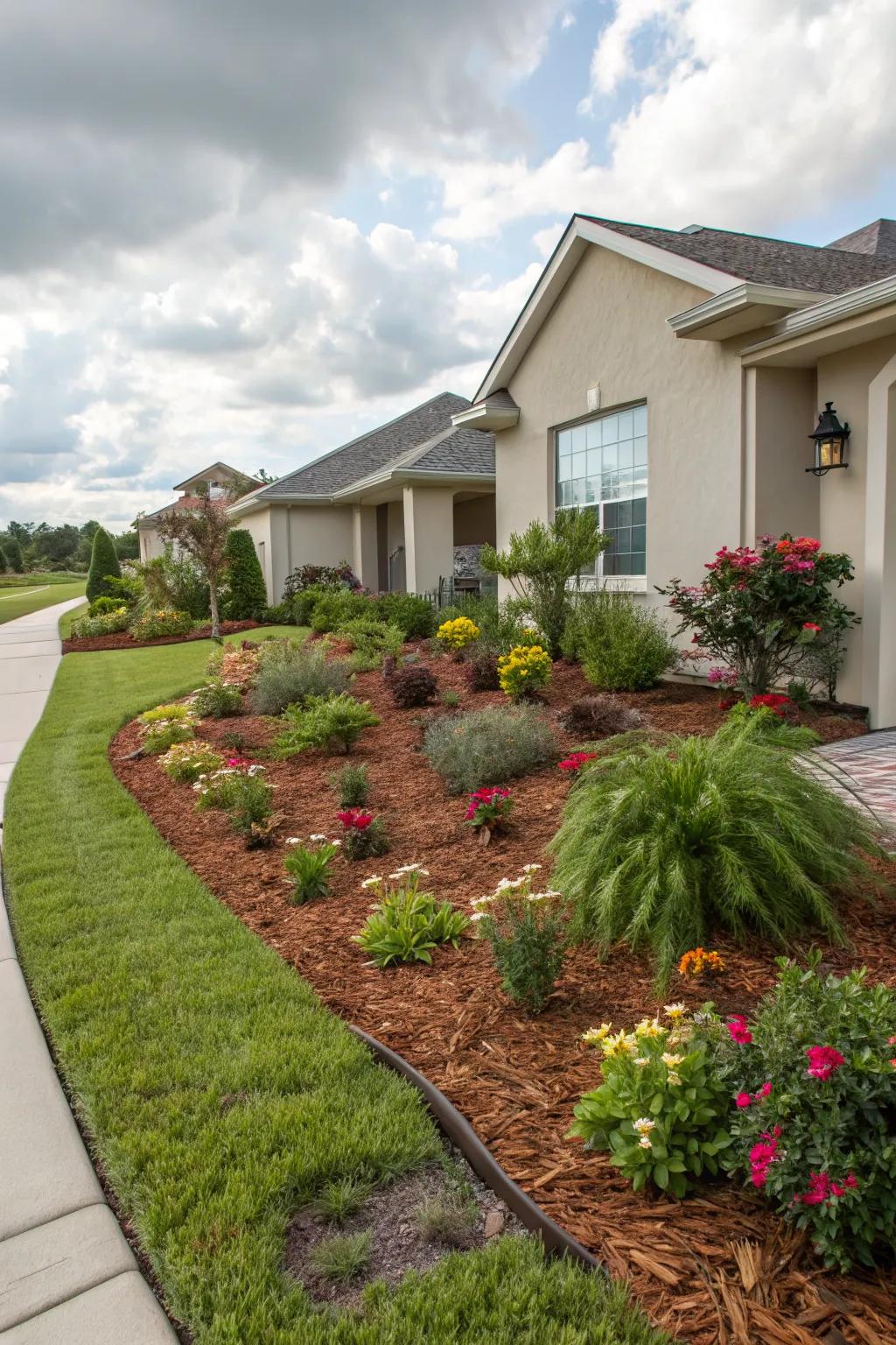 Mulch adding beauty and practicality to a front yard.