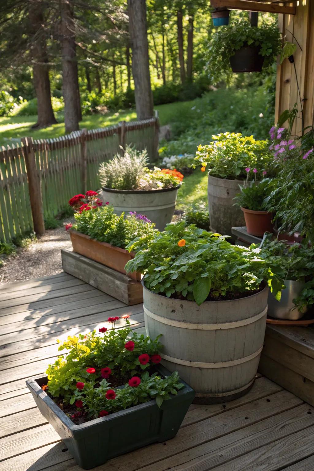 Assorted garden containers offering flexibility in plant placement.