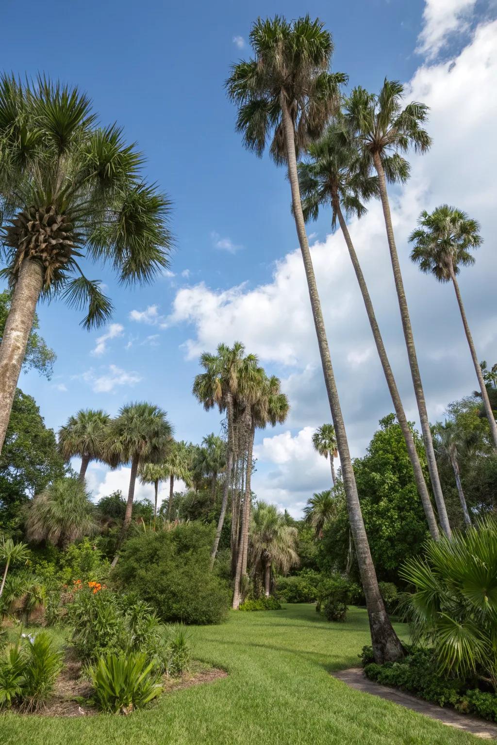 Sabal and queen palms add height and a tropical feel to a North Florida garden.