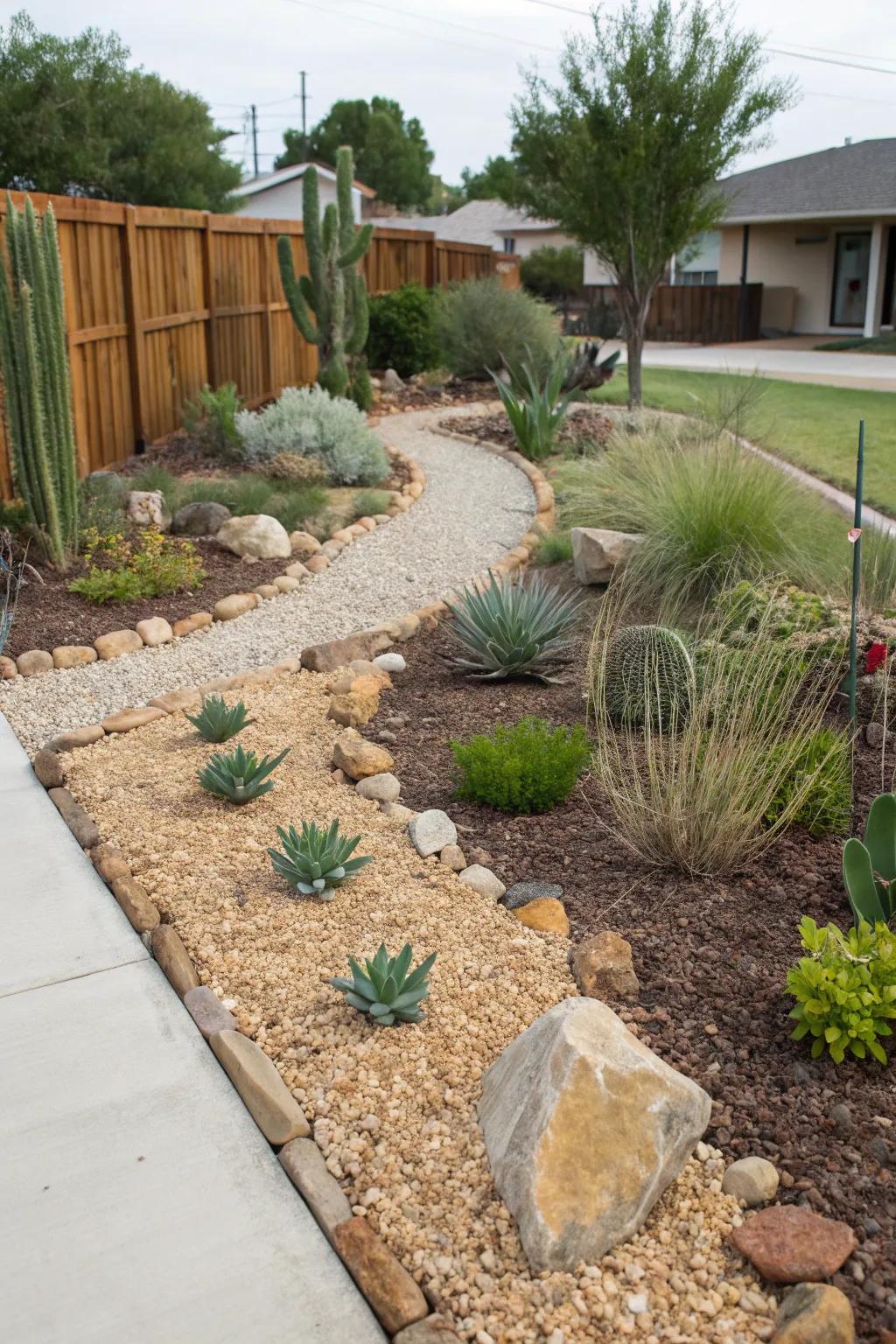 Gravel mulch offers a low-maintenance and moisture-retaining solution.