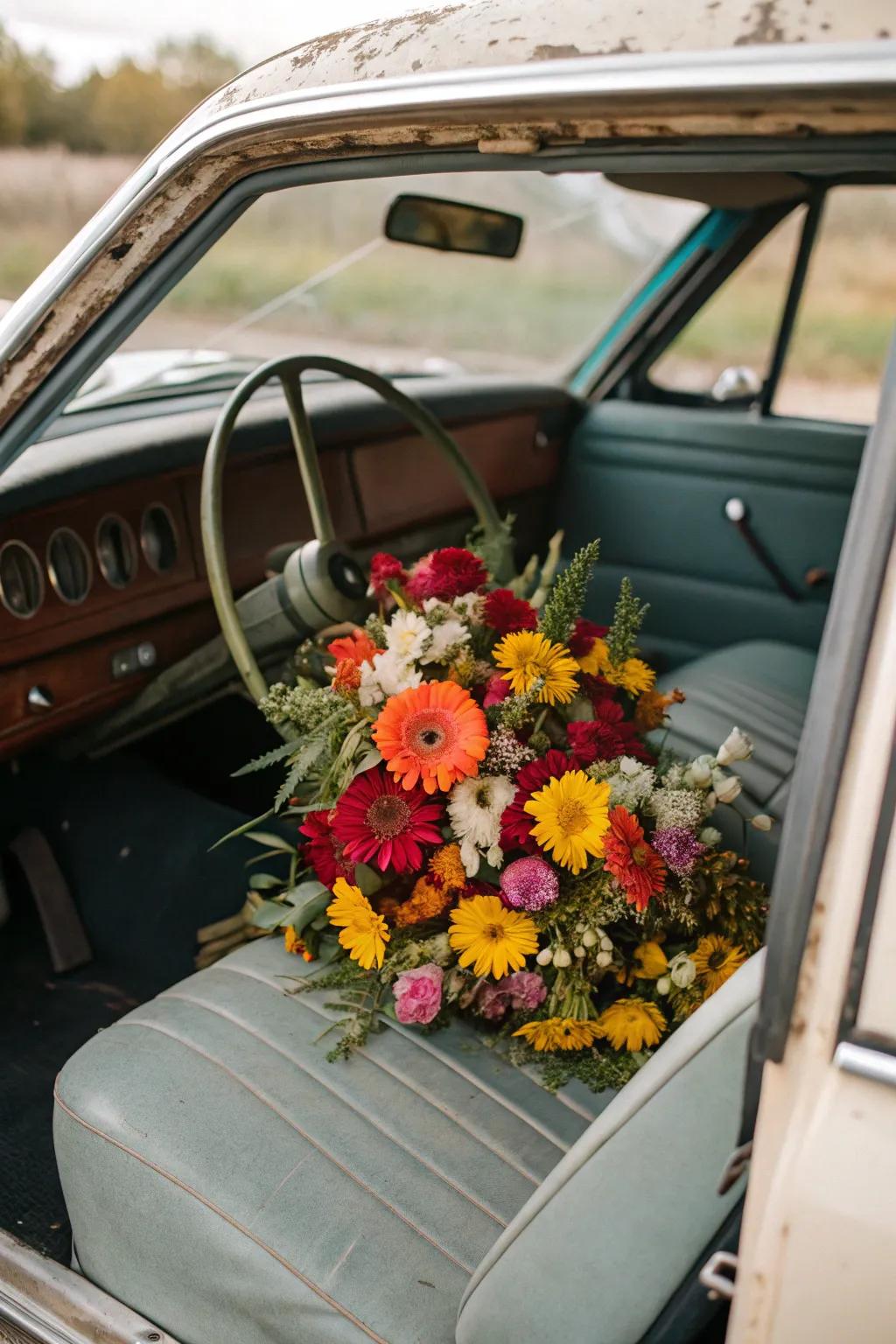 A car's front seat transformed into a colorful floral display.