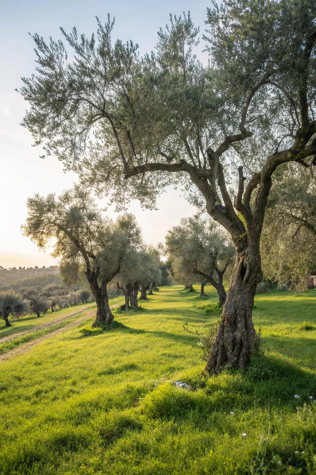 Olive trees providing contrast against a lush grassy area.