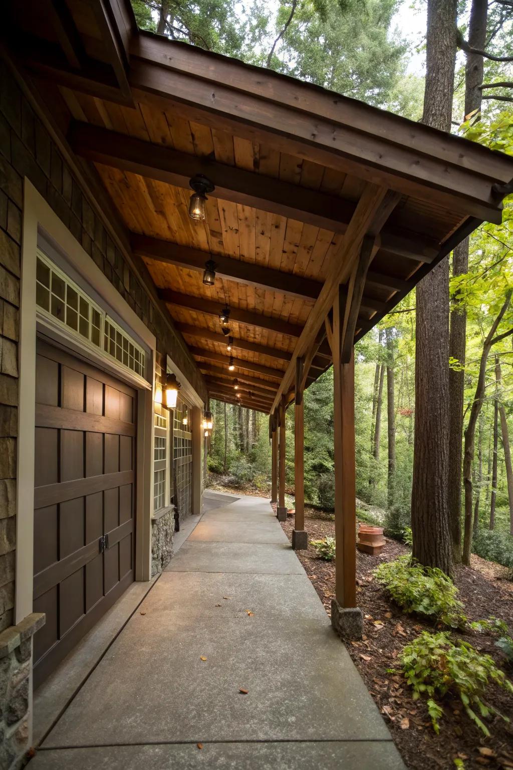 Wooden beams infuse breezeways with rustic charm.