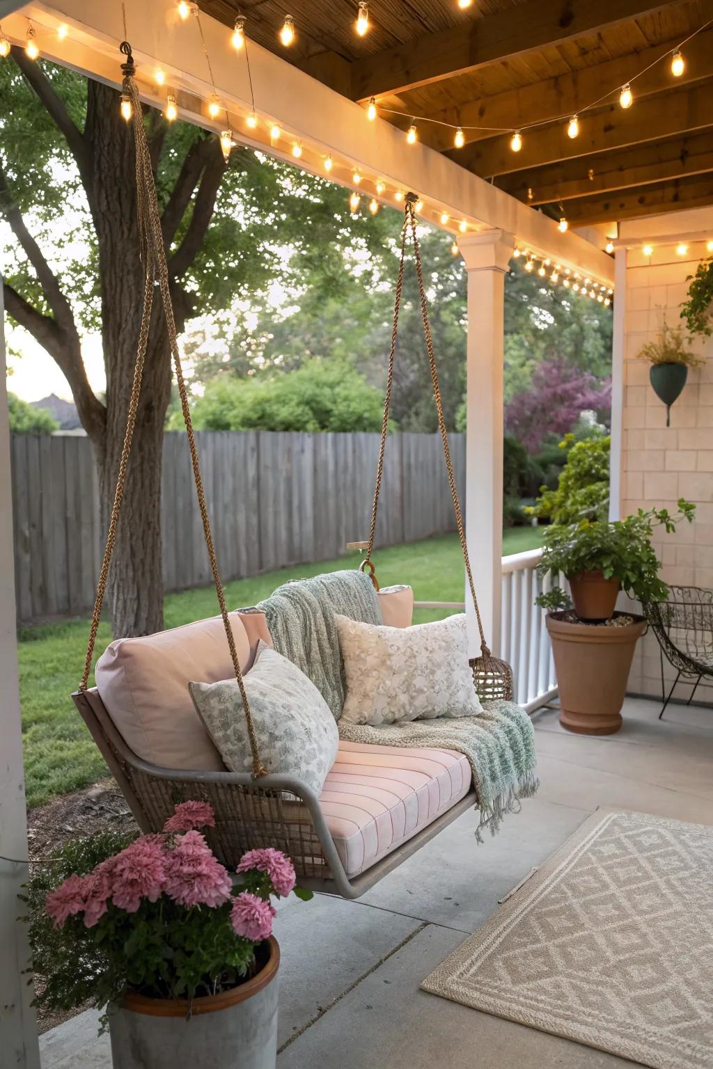 A swinging chair adds a fun touch to the porch.