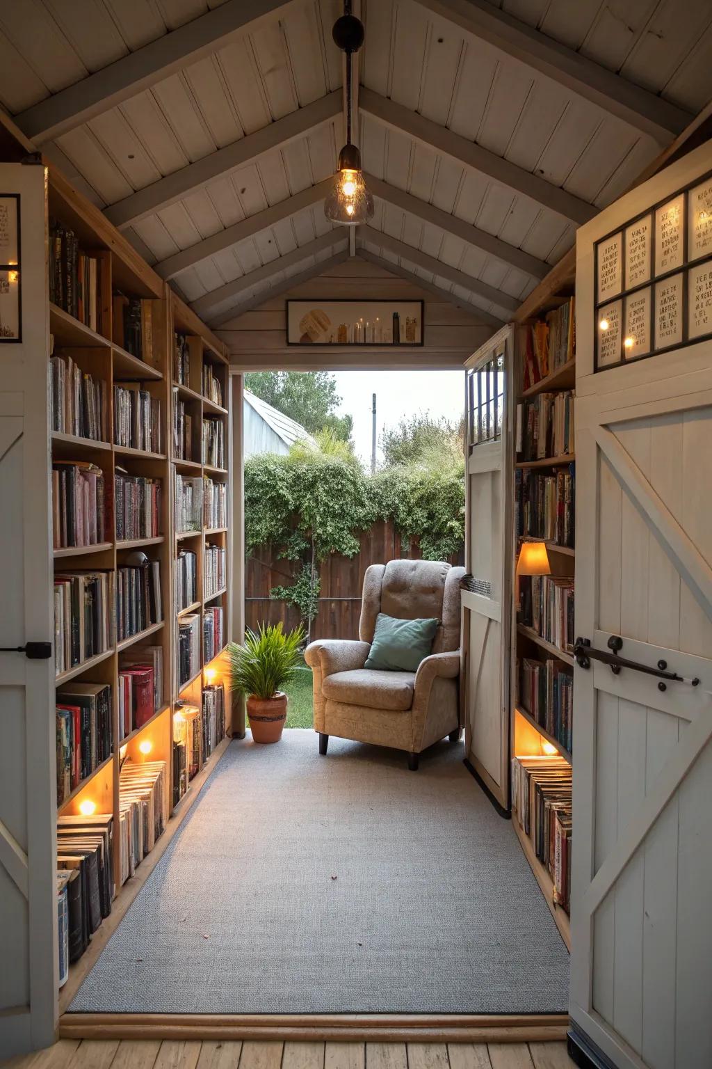 A charming reading nook in an open shed.