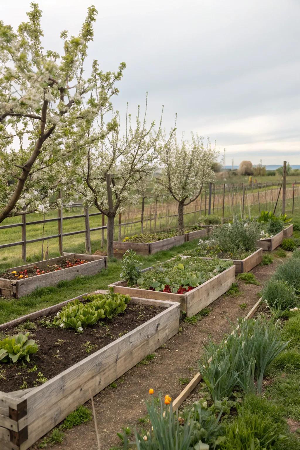 Raised beds offer a tidy and practical solution for orchard organization.