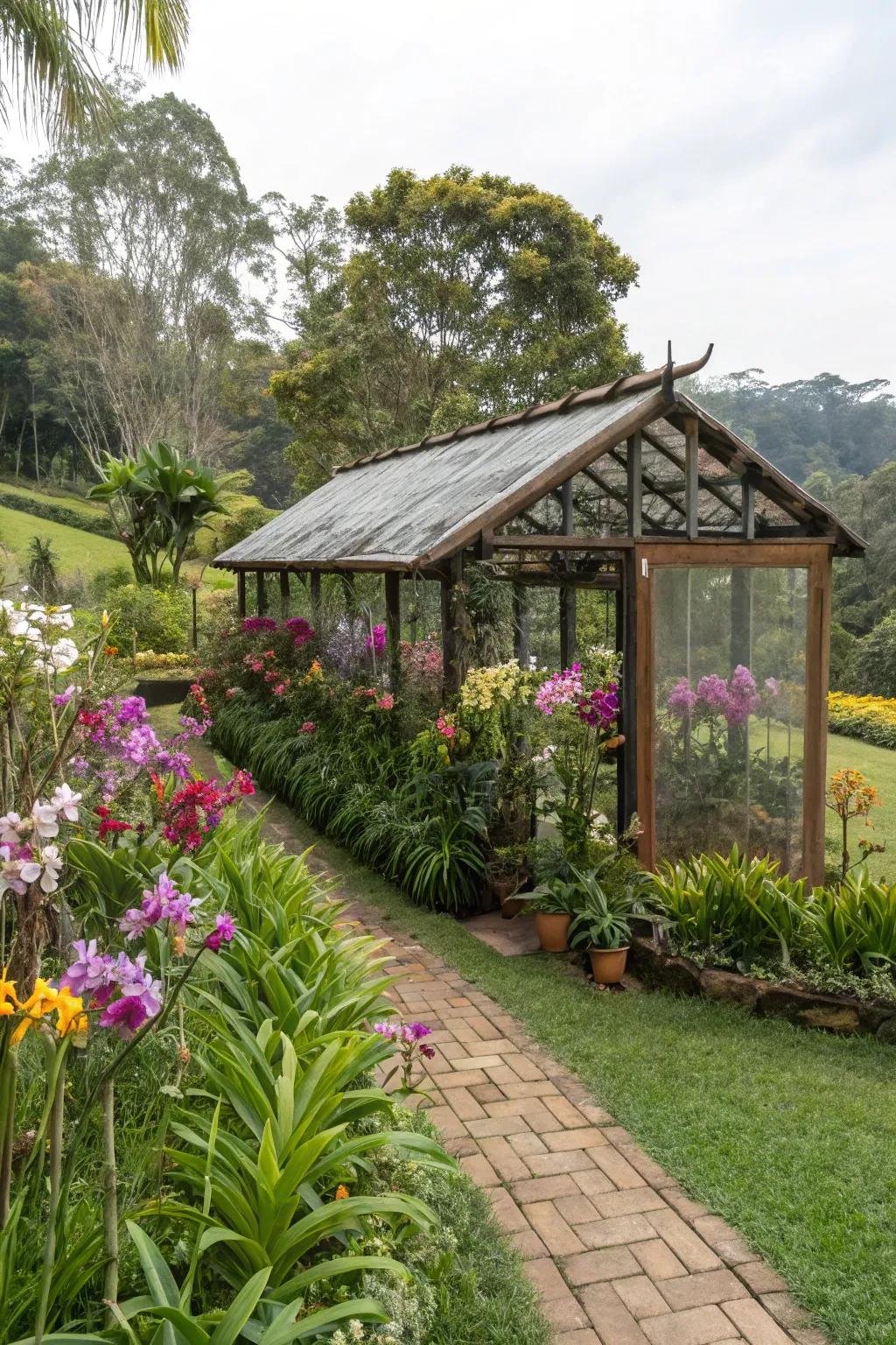 A shade house beautifully integrated into a garden landscape.