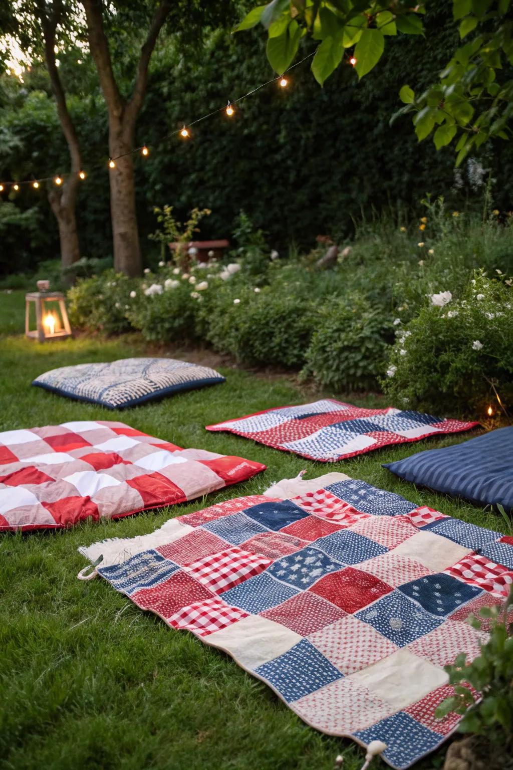 Picnic blankets offer a relaxed and informal seating option for guests.