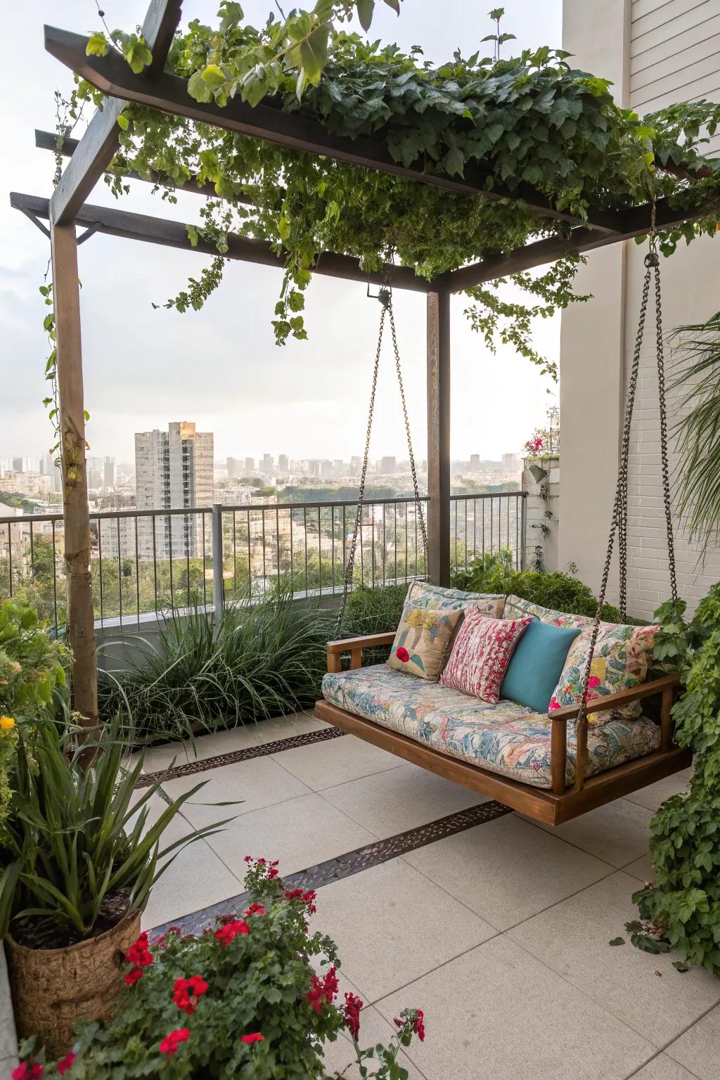An outdoor swing adds a playful element to this cozy patio.