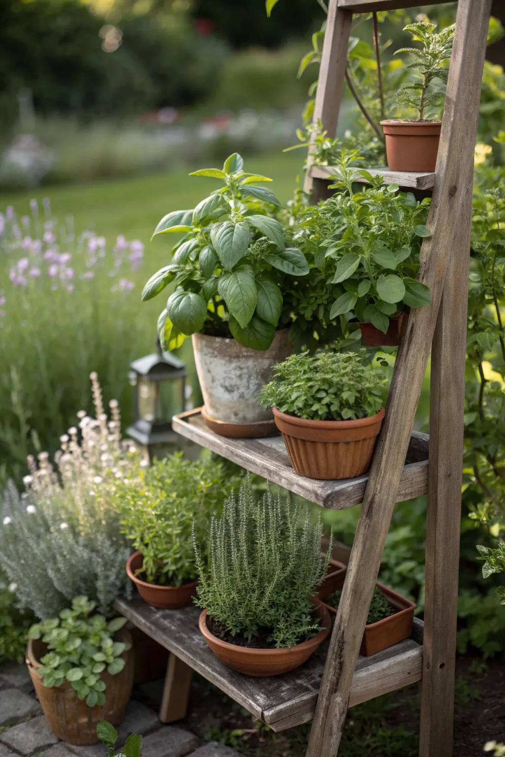 A mini herb garden on a baker's rack, providing fresh flavors right in the garden.