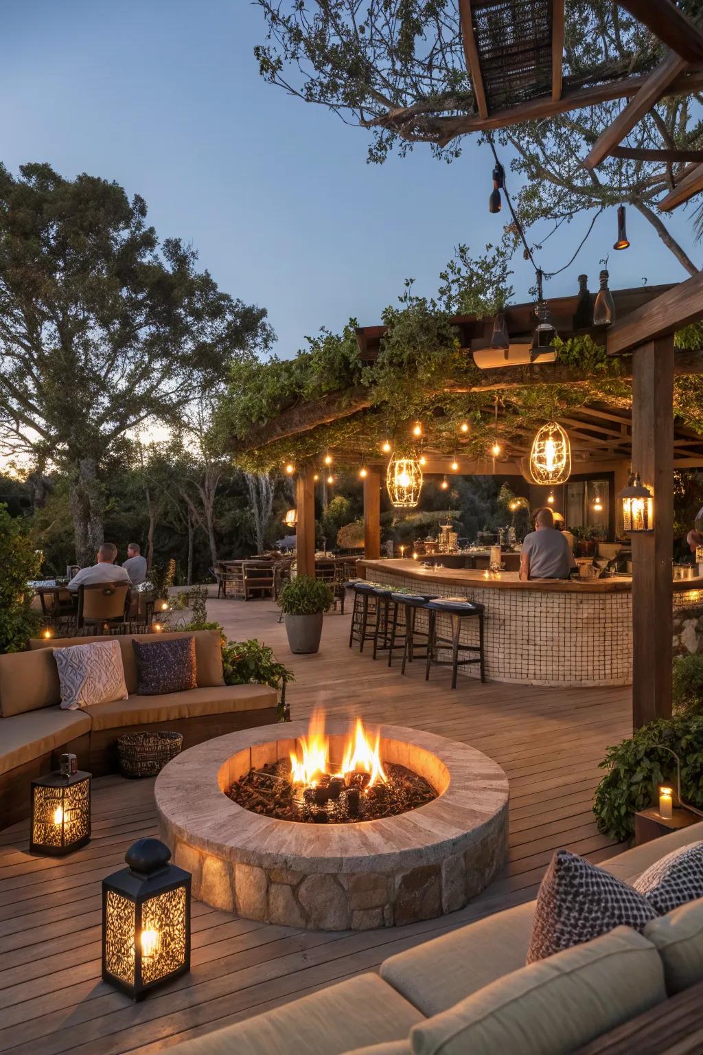 A fire pit adds warmth and a focal point to the bar.