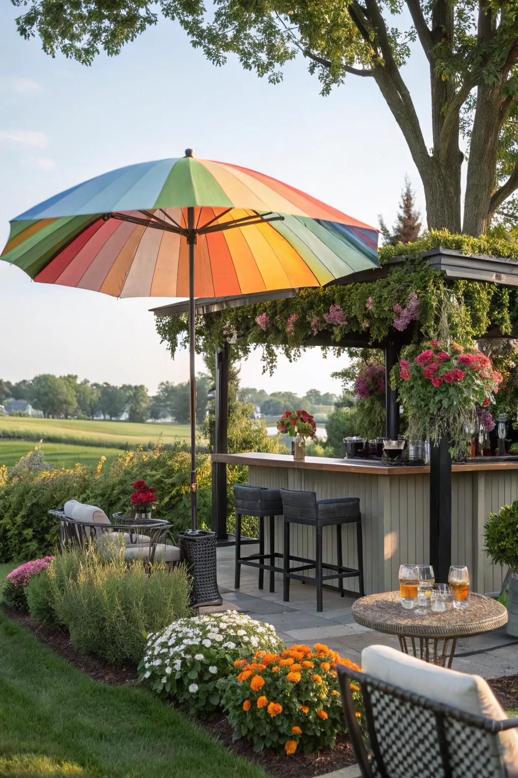 An elegant umbrella adds both style and shade to your outdoor bar.
