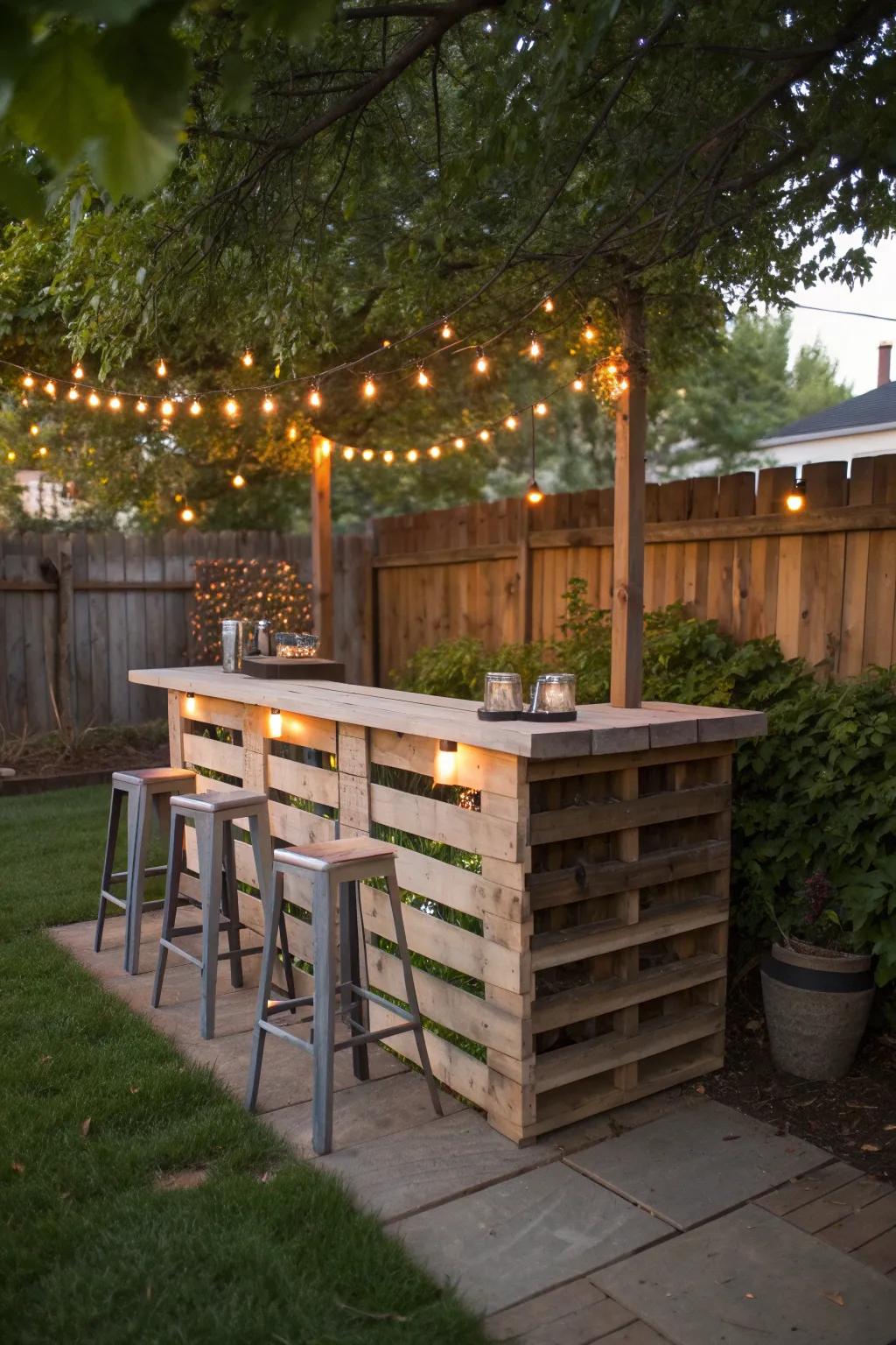 A DIY pallet bar is a cost-effective and stylish option.
