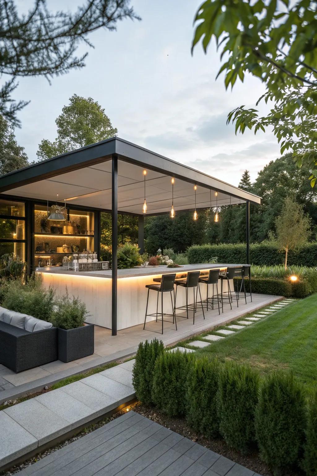 A floating roof design offers an open and airy vibe to your outdoor bar.