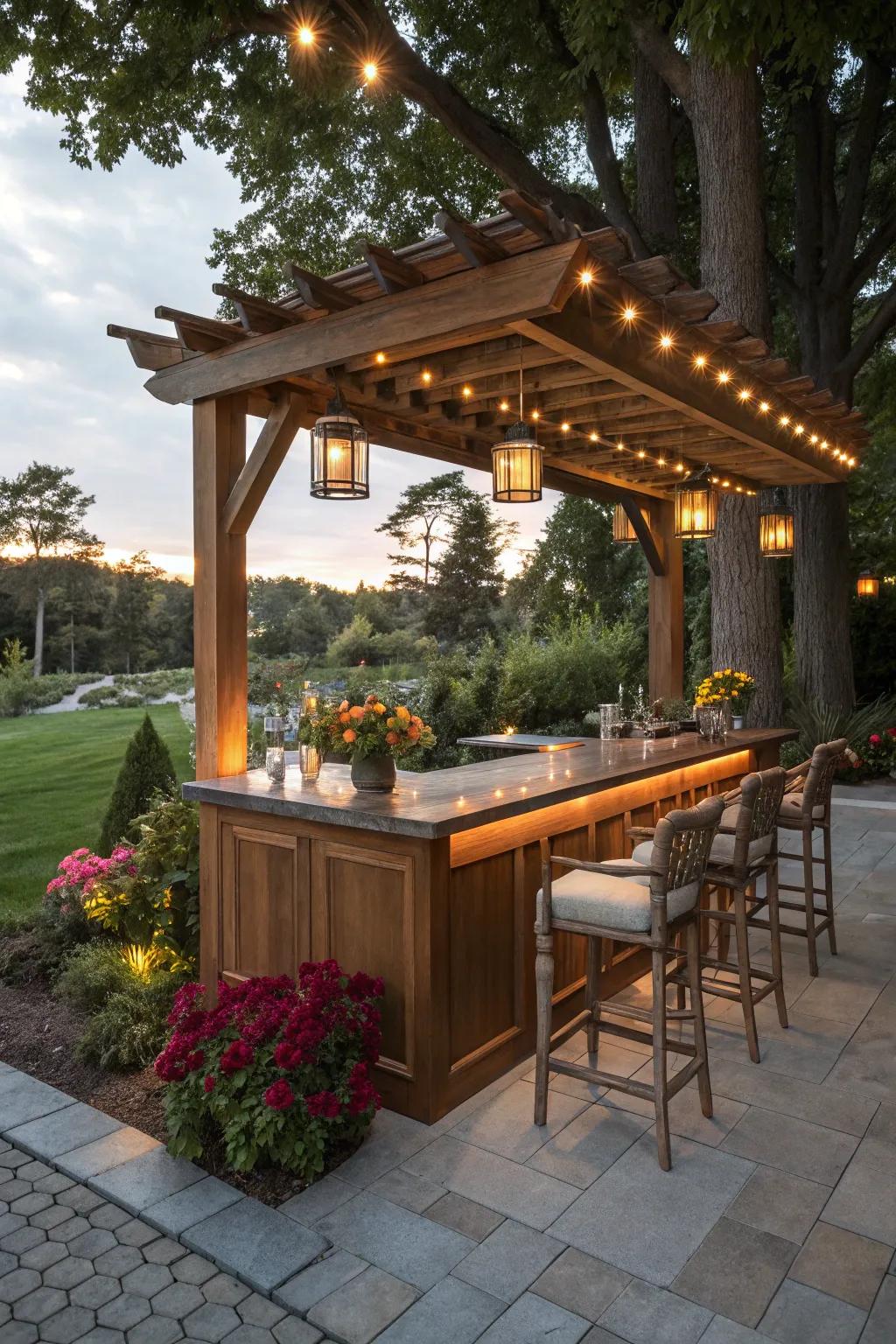 A cozy and protected pergola-covered bartop.