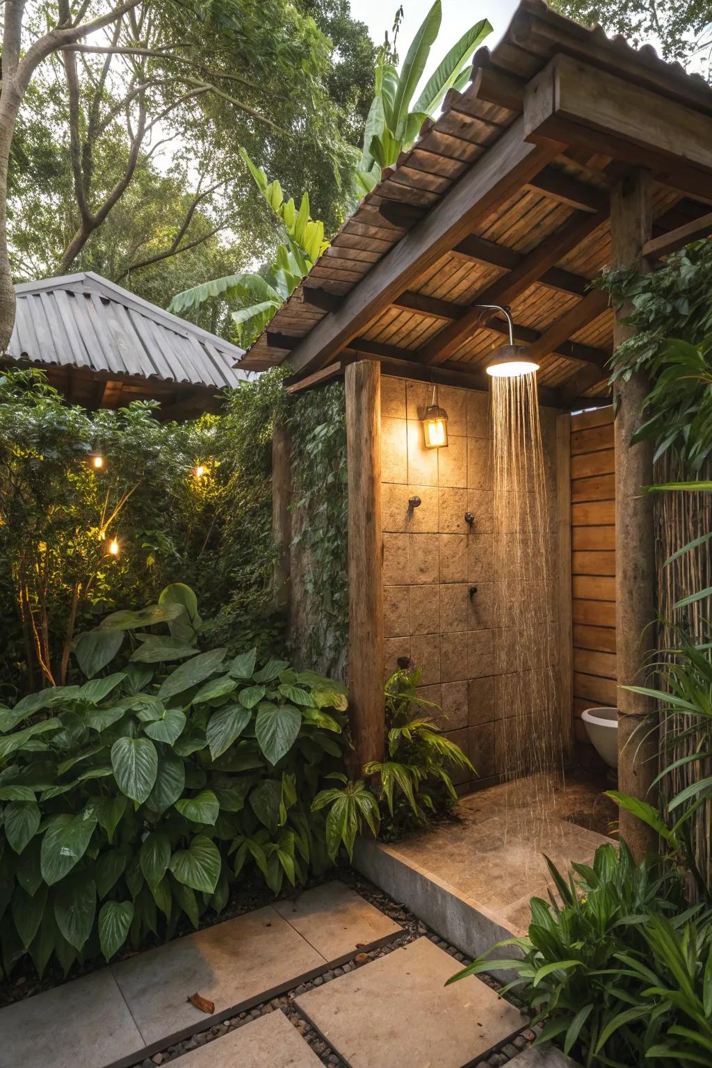 An outdoor shower offers a refreshing touch.