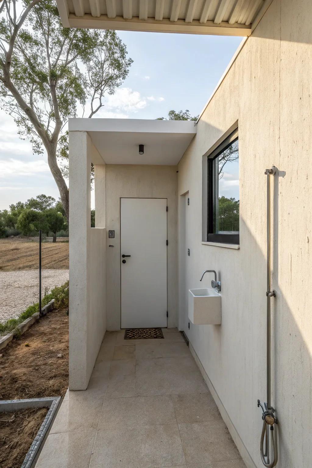 Minimalist design for a clutter-free outdoor bathroom.