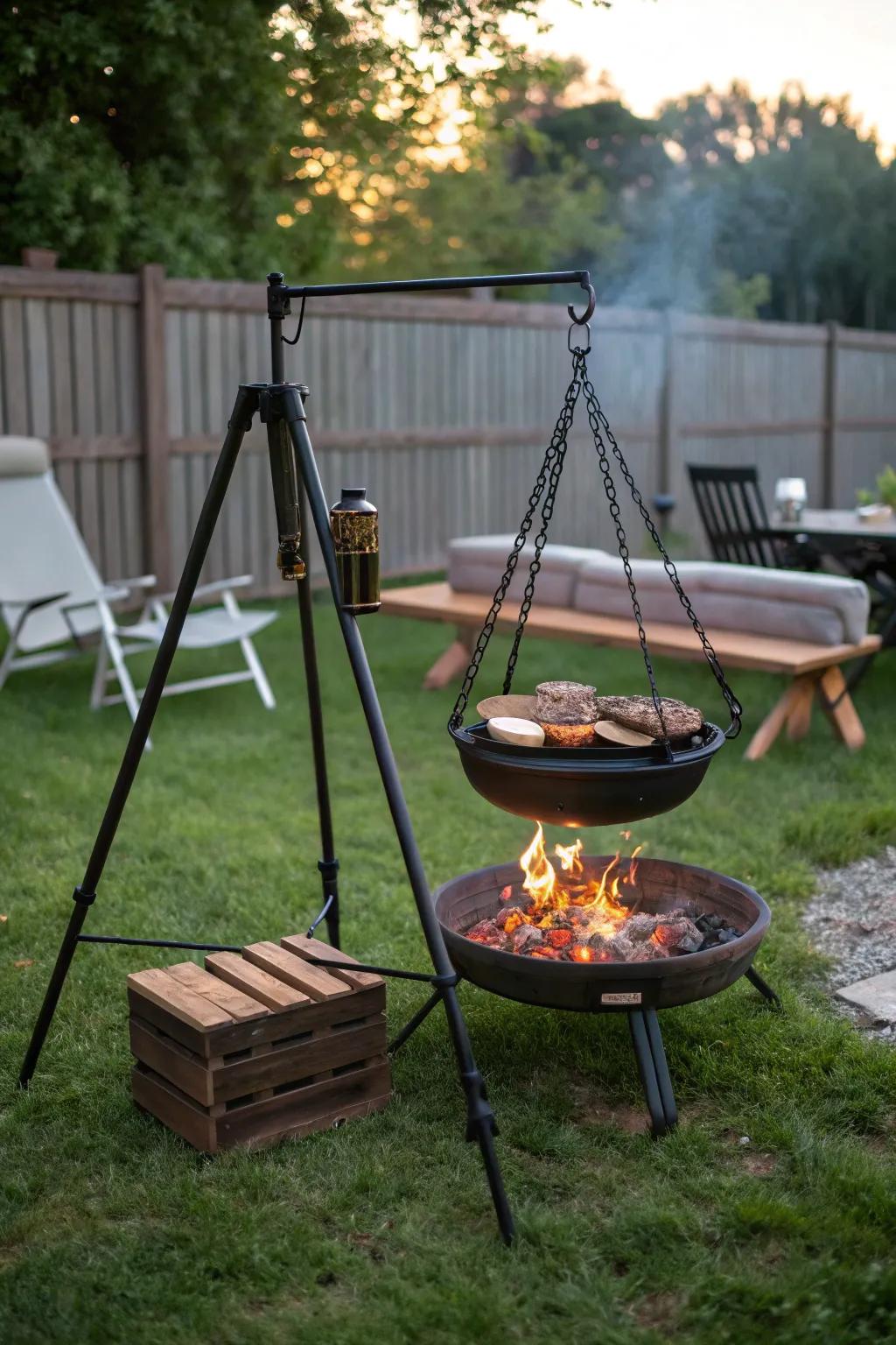 Enjoy the freedom of a portable hanging grill for versatile cooking.