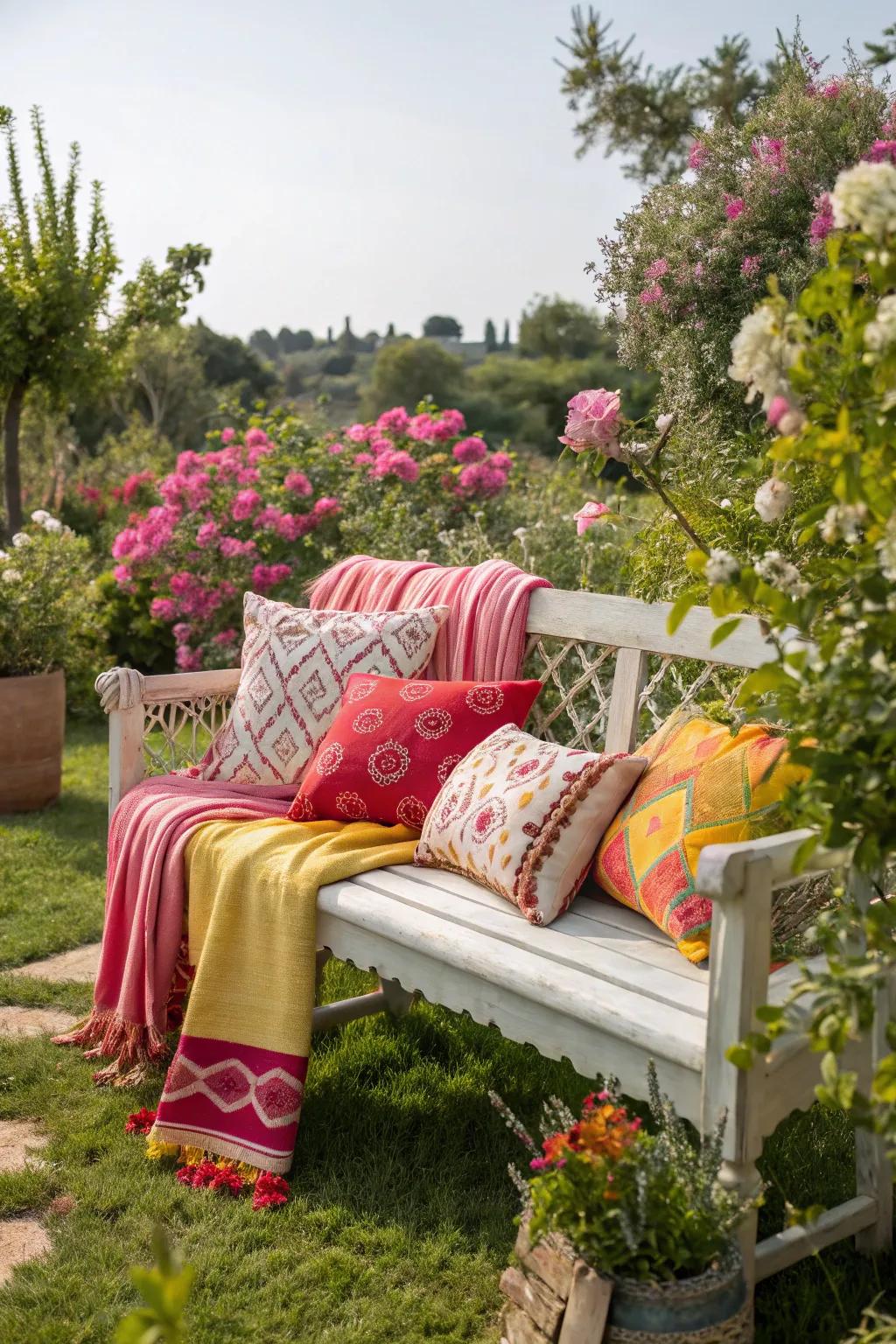A bench with bold, colorful cushions in a bright garden.