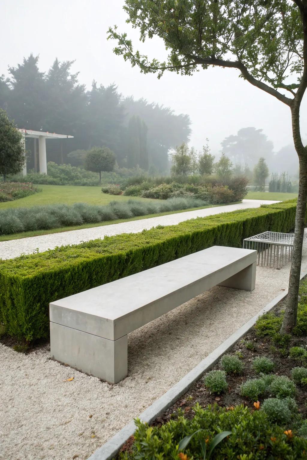 Concrete benches provide a modern touch to garden aesthetics.