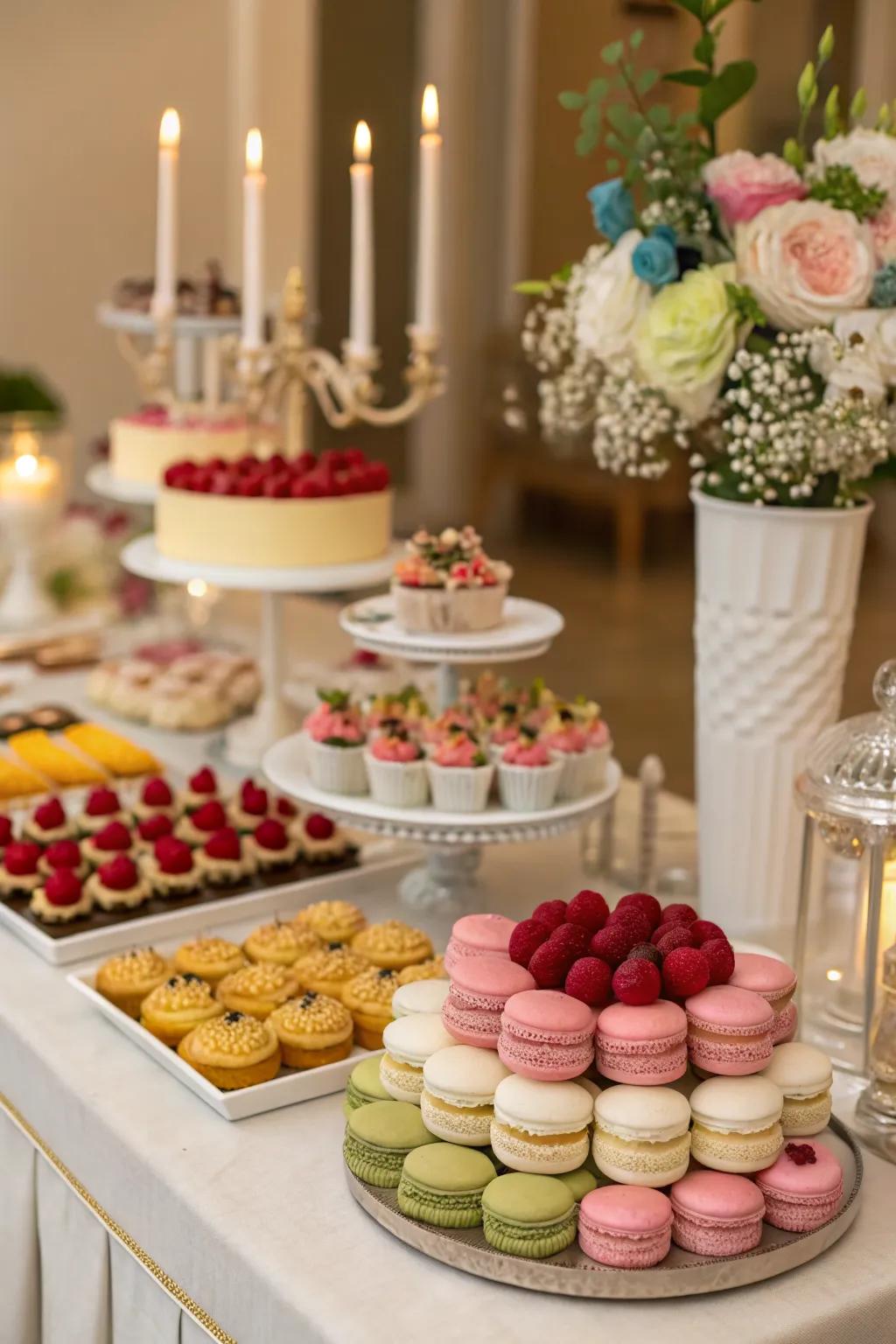A beautifully arranged dessert table at an outdoor birthday party.