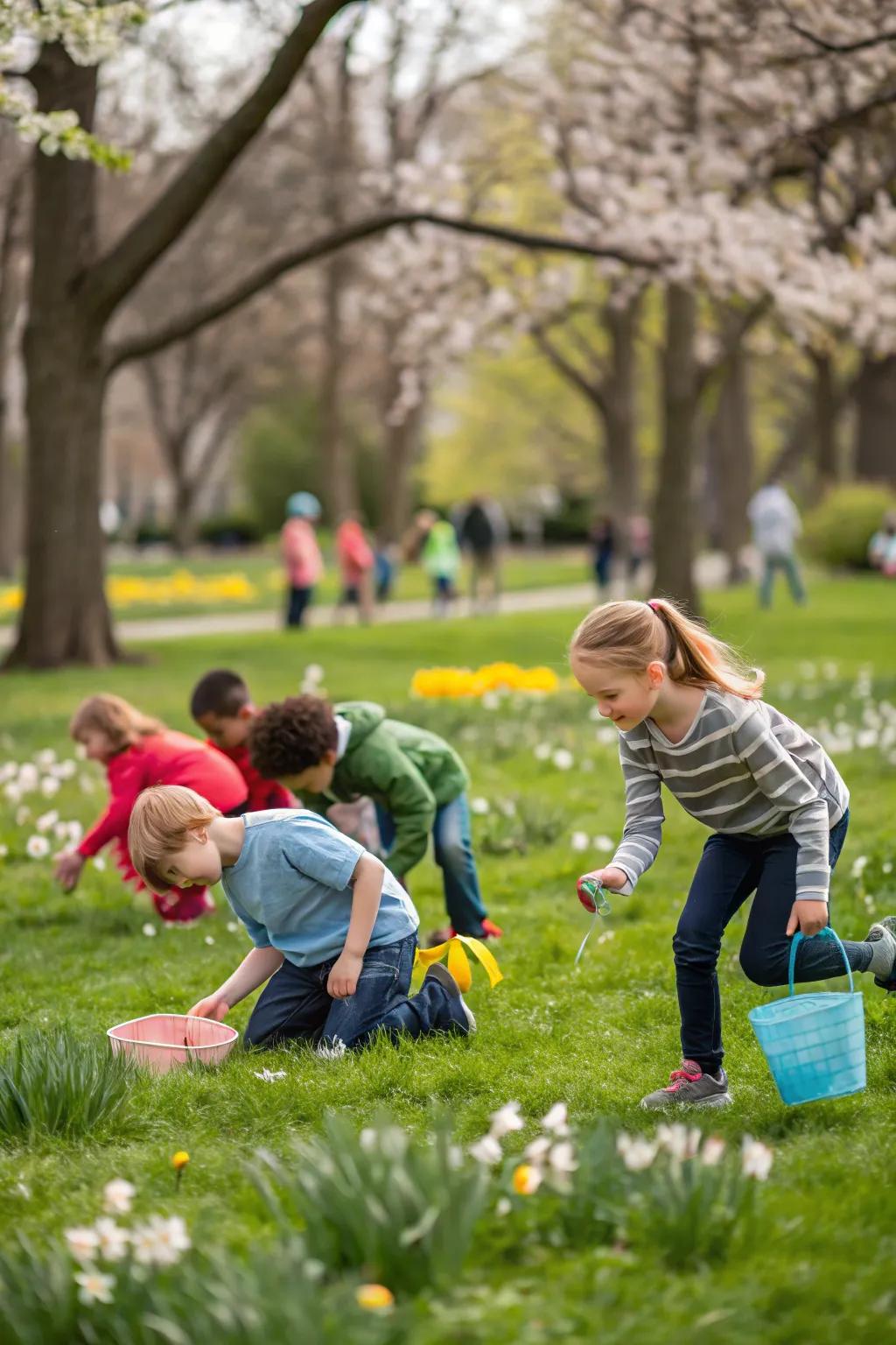 Children on a scavenger hunt, exploring and discovering treasures in a natural setting.