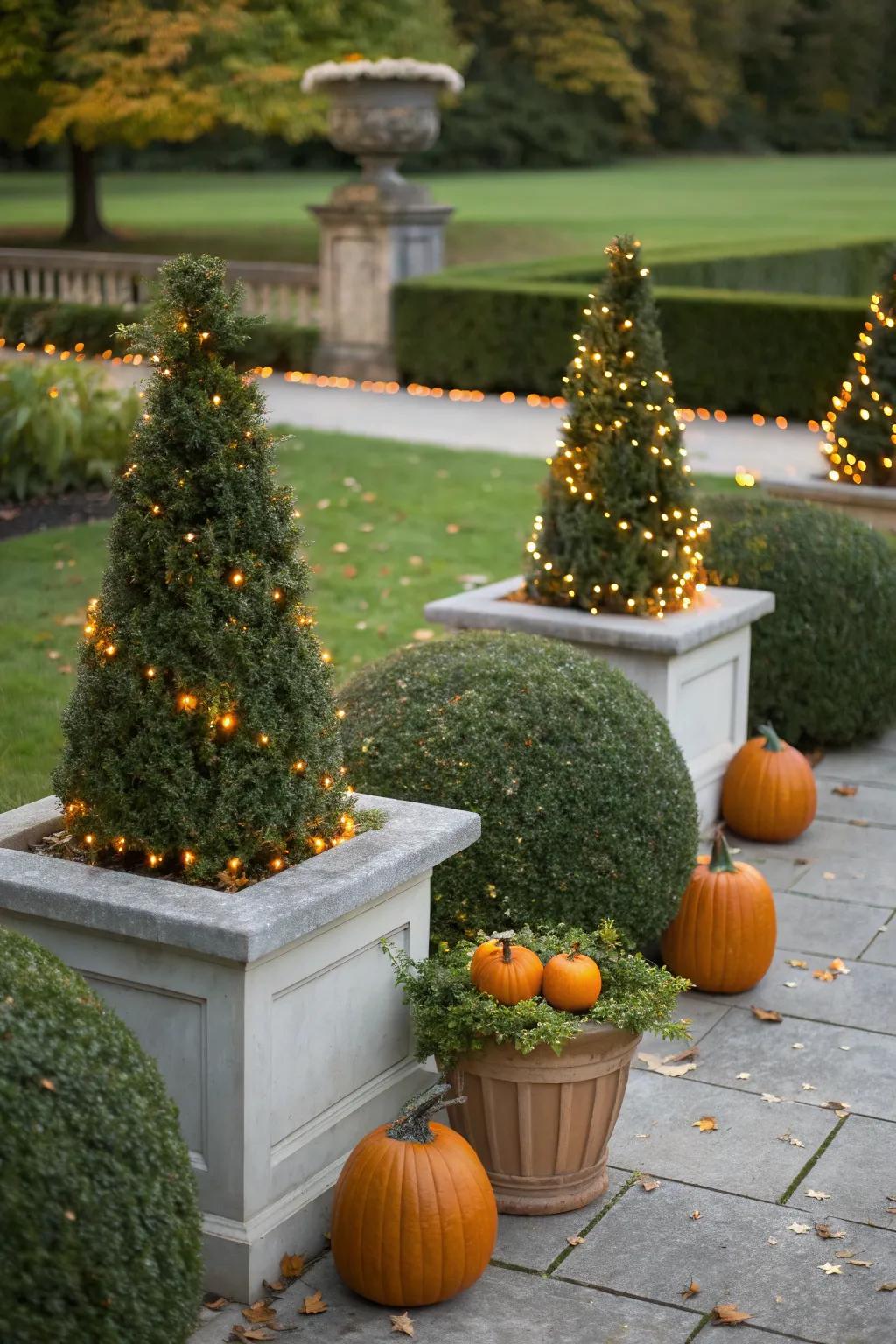 Seasonal decorations bring boxwoods to life.