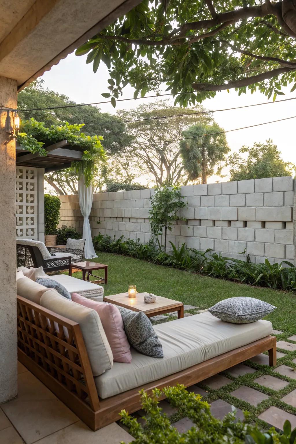 A cozy outdoor lounge enhanced by a breeze block wall