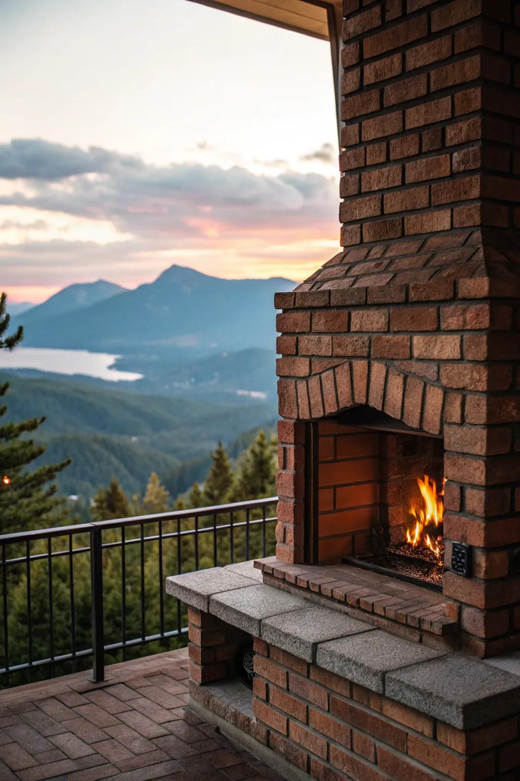A brick fireplace positioned to capture stunning outdoor views.