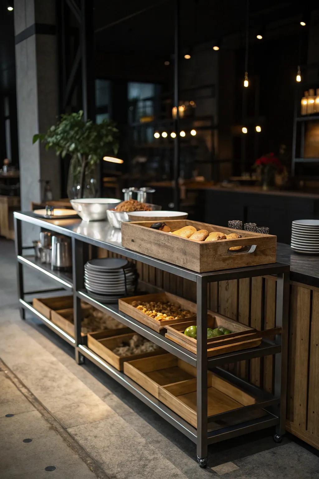 Modern and edgy, an industrial metal buffet setup.