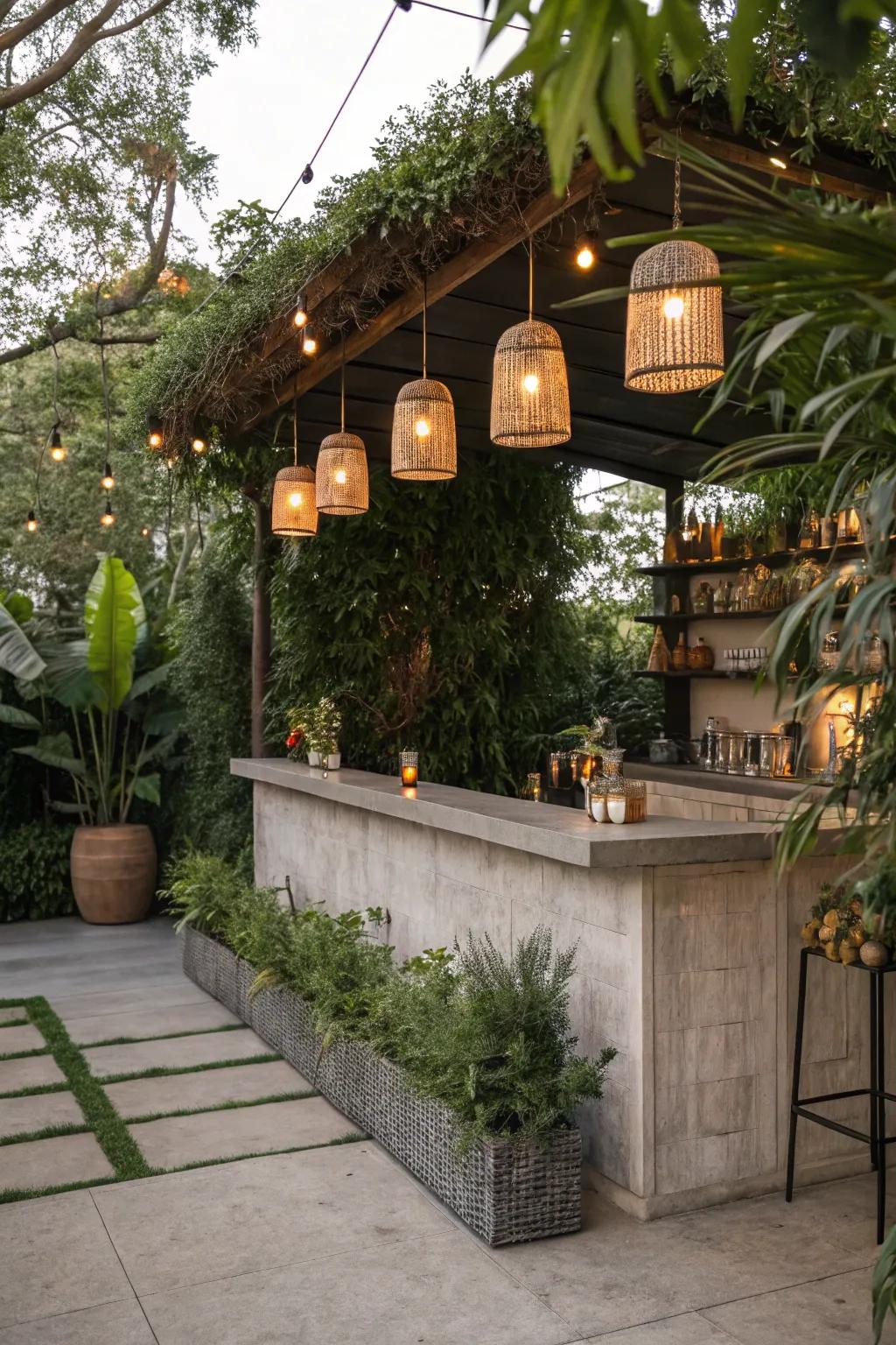 Decorative touches bring warmth and character to this concrete bar.