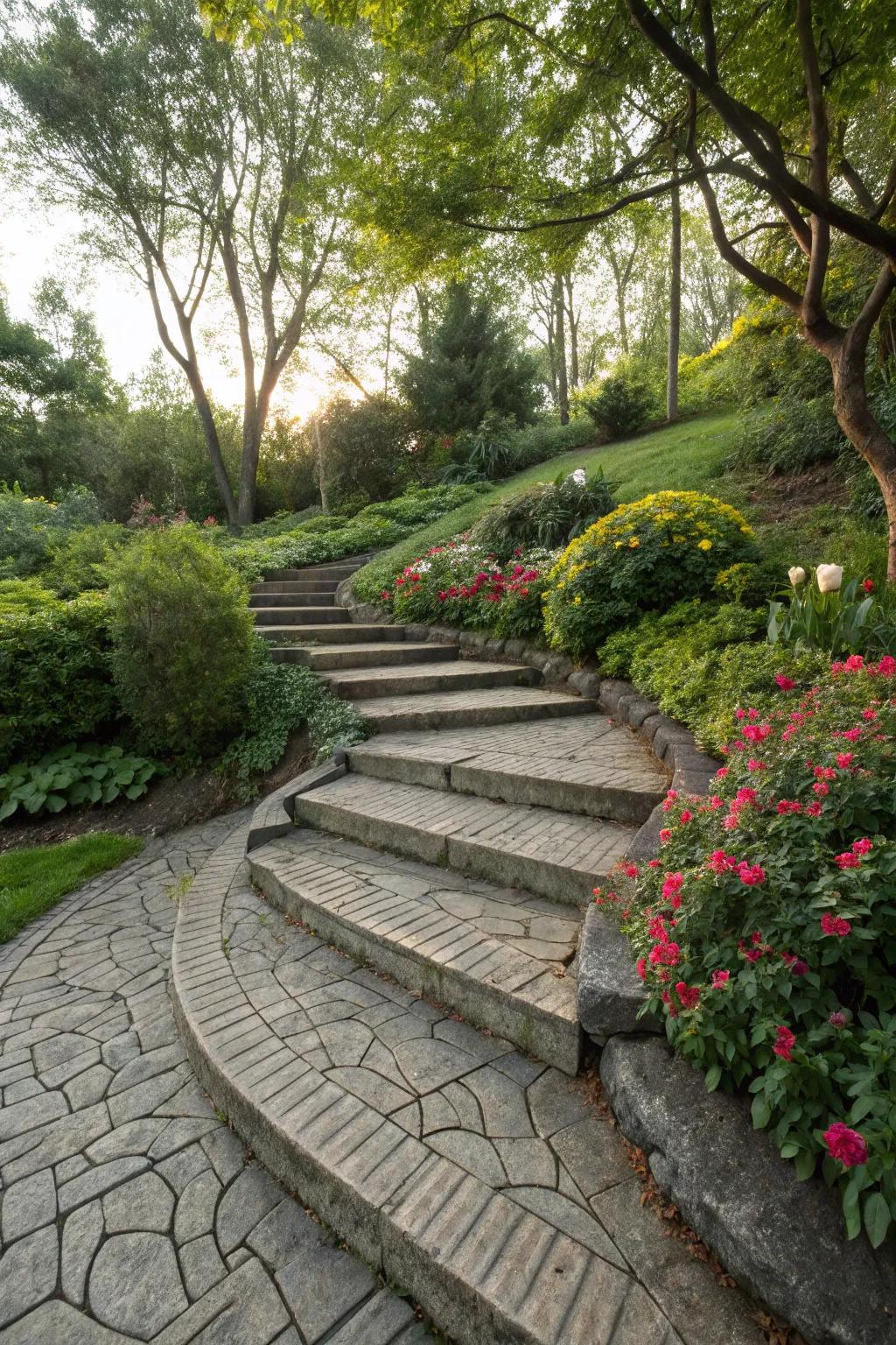 Concrete stairs with a cobblestone-stamped appearance.