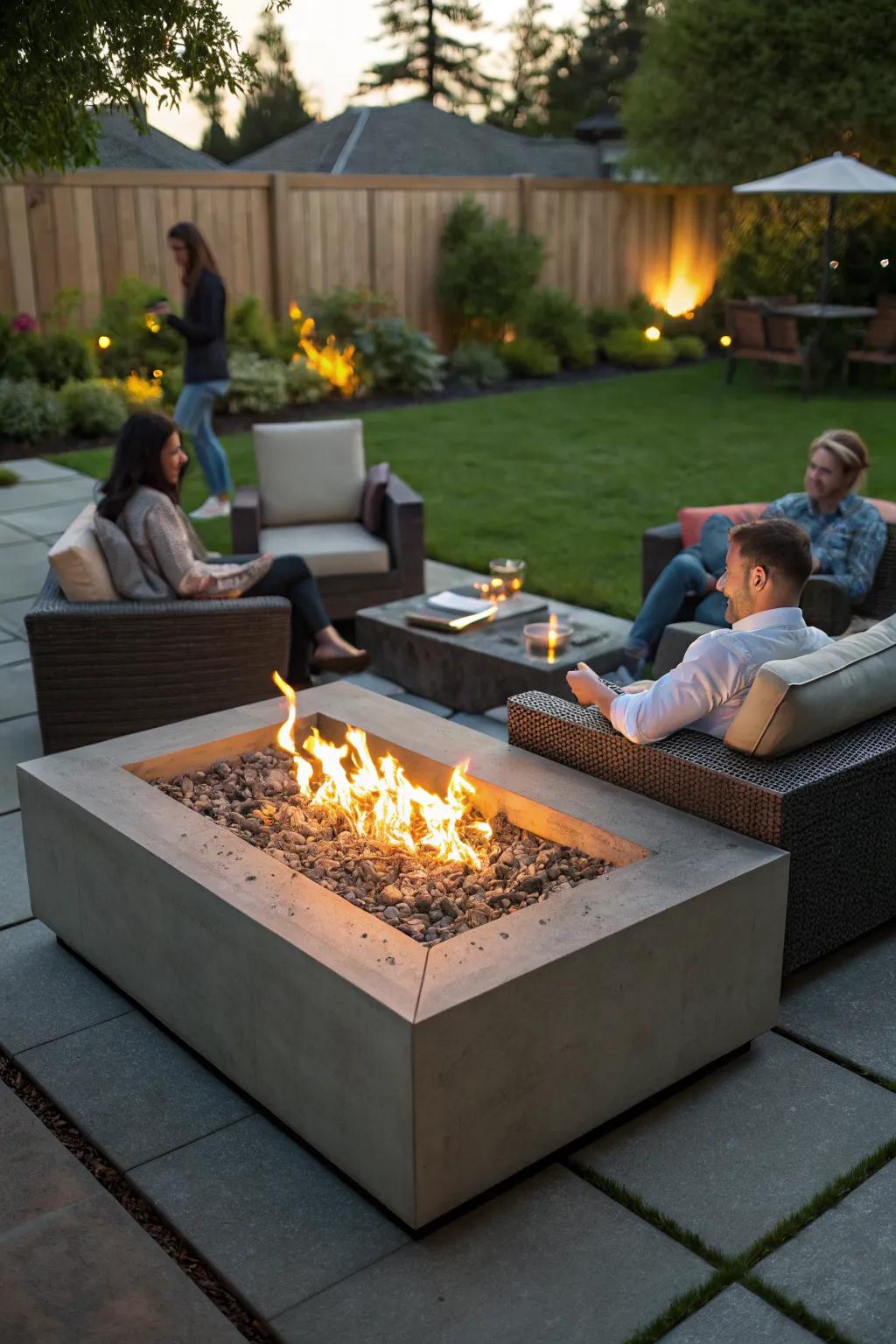 A modern rectangular fire pit, ideal for compact spaces.