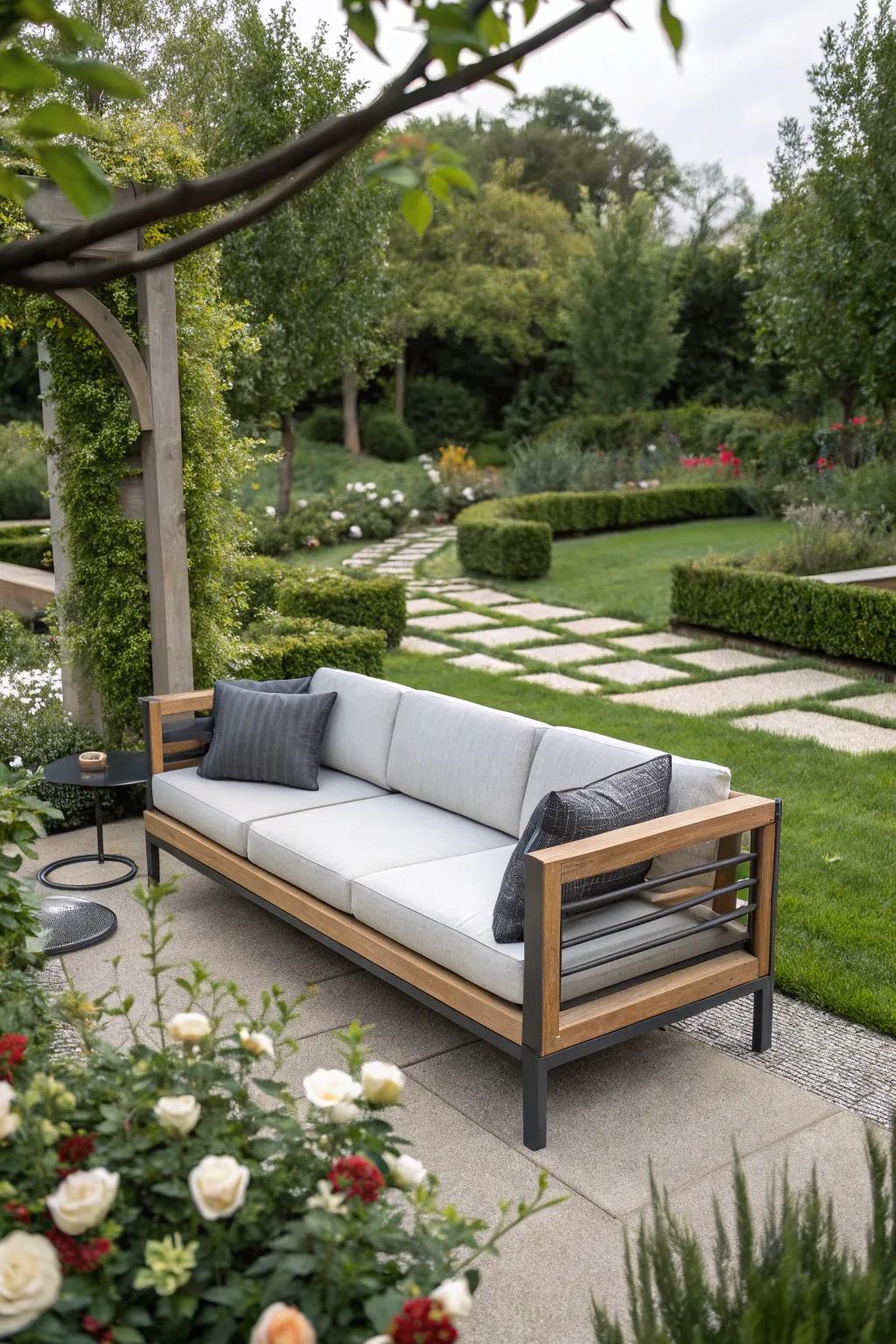 Mix materials for a visually intriguing outdoor setup.