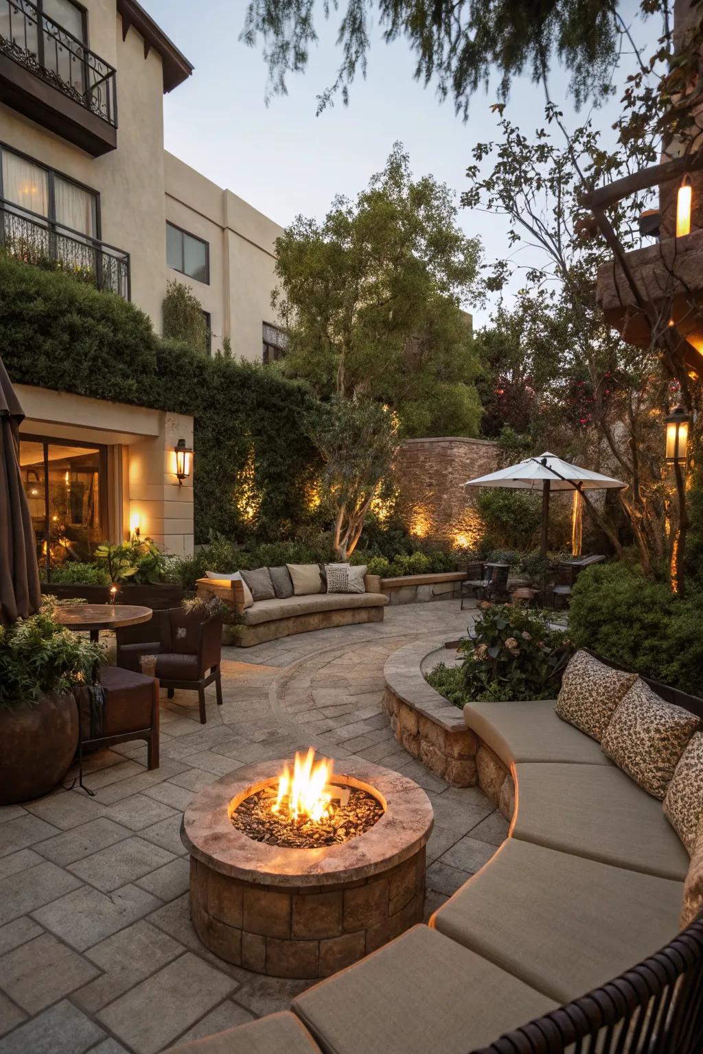 A fire pit creates a warm gathering spot.