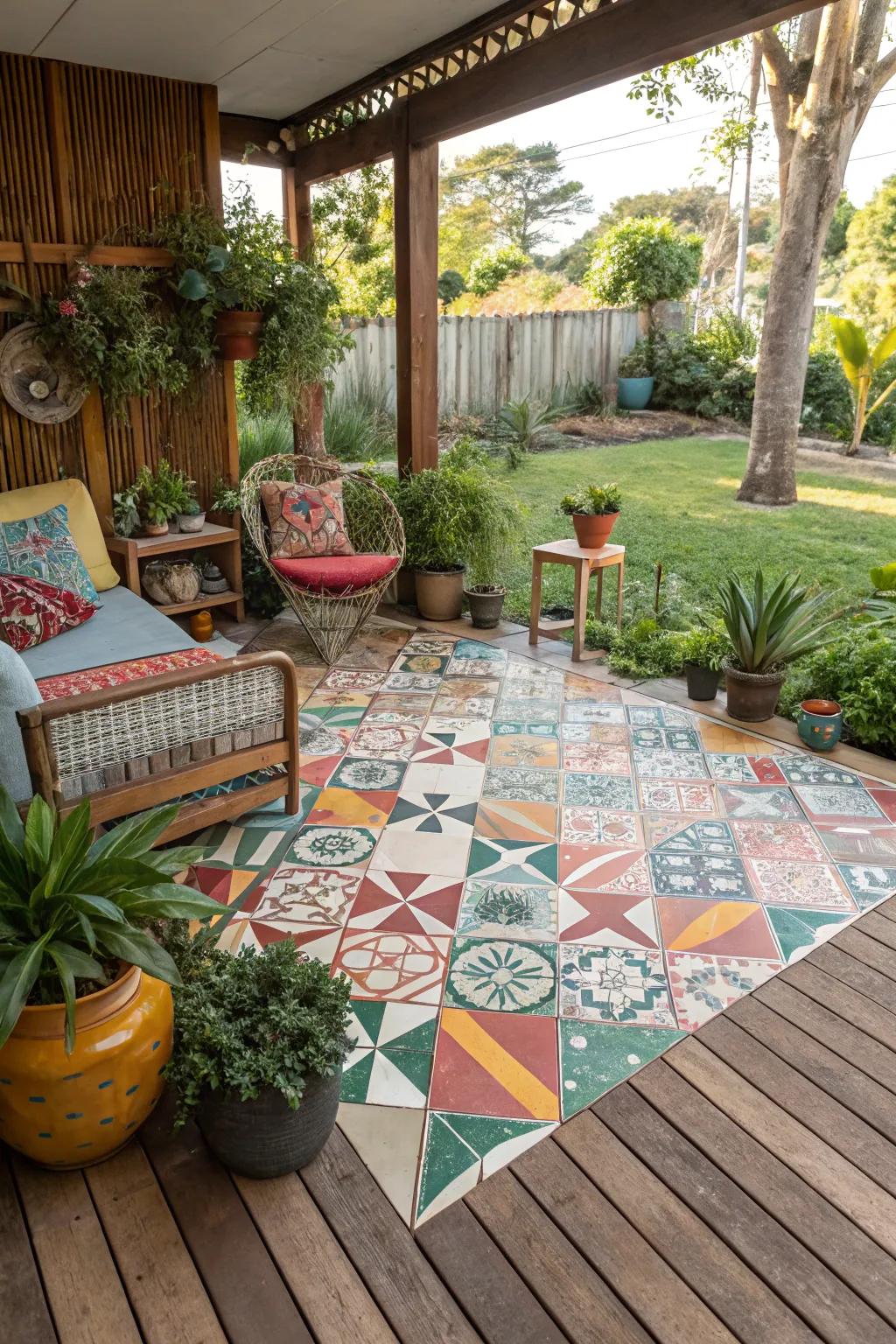 Geometric tile patterns bring vibrant style to outdoor decks.