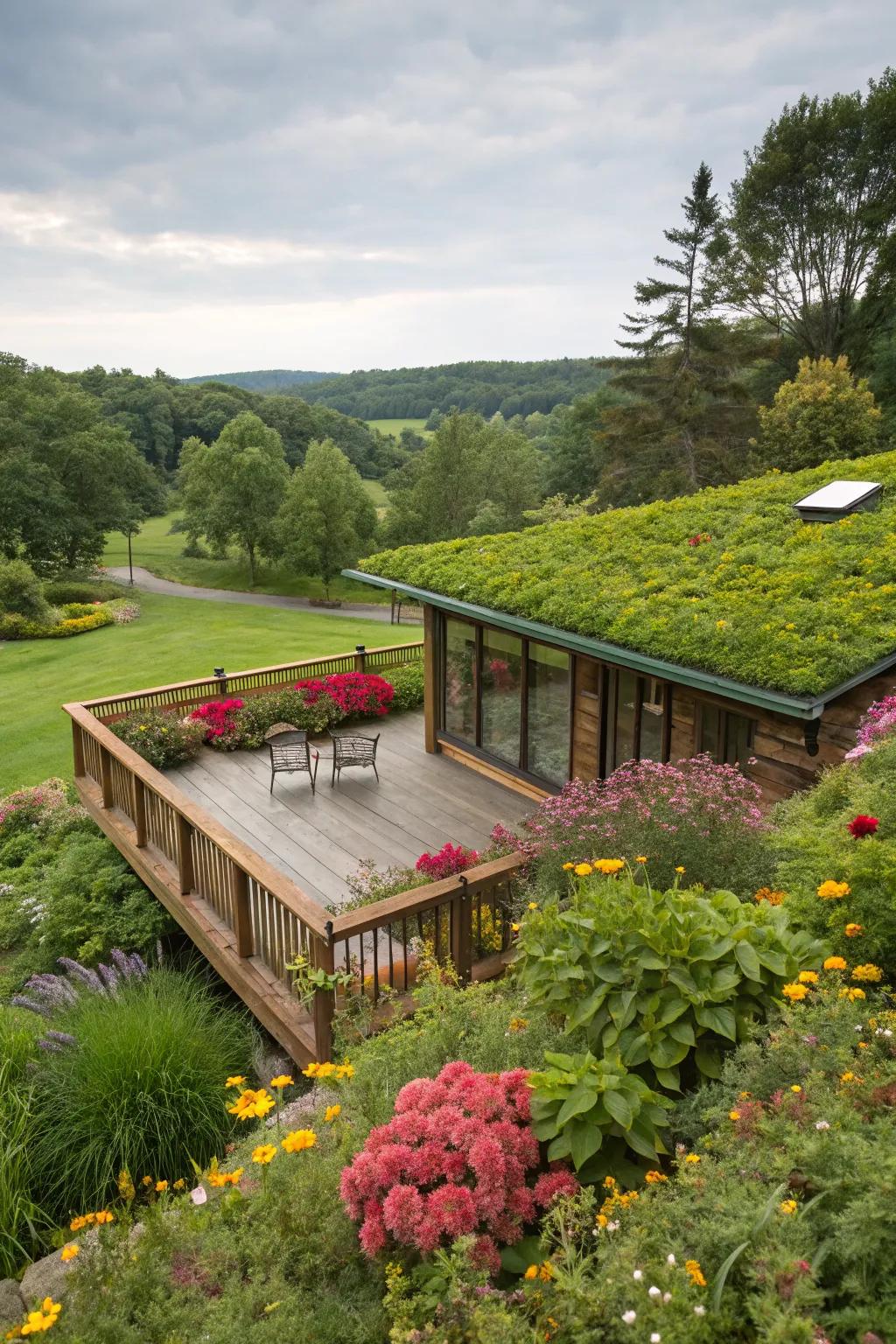 A deck with a green roof for an eco-friendly touch.