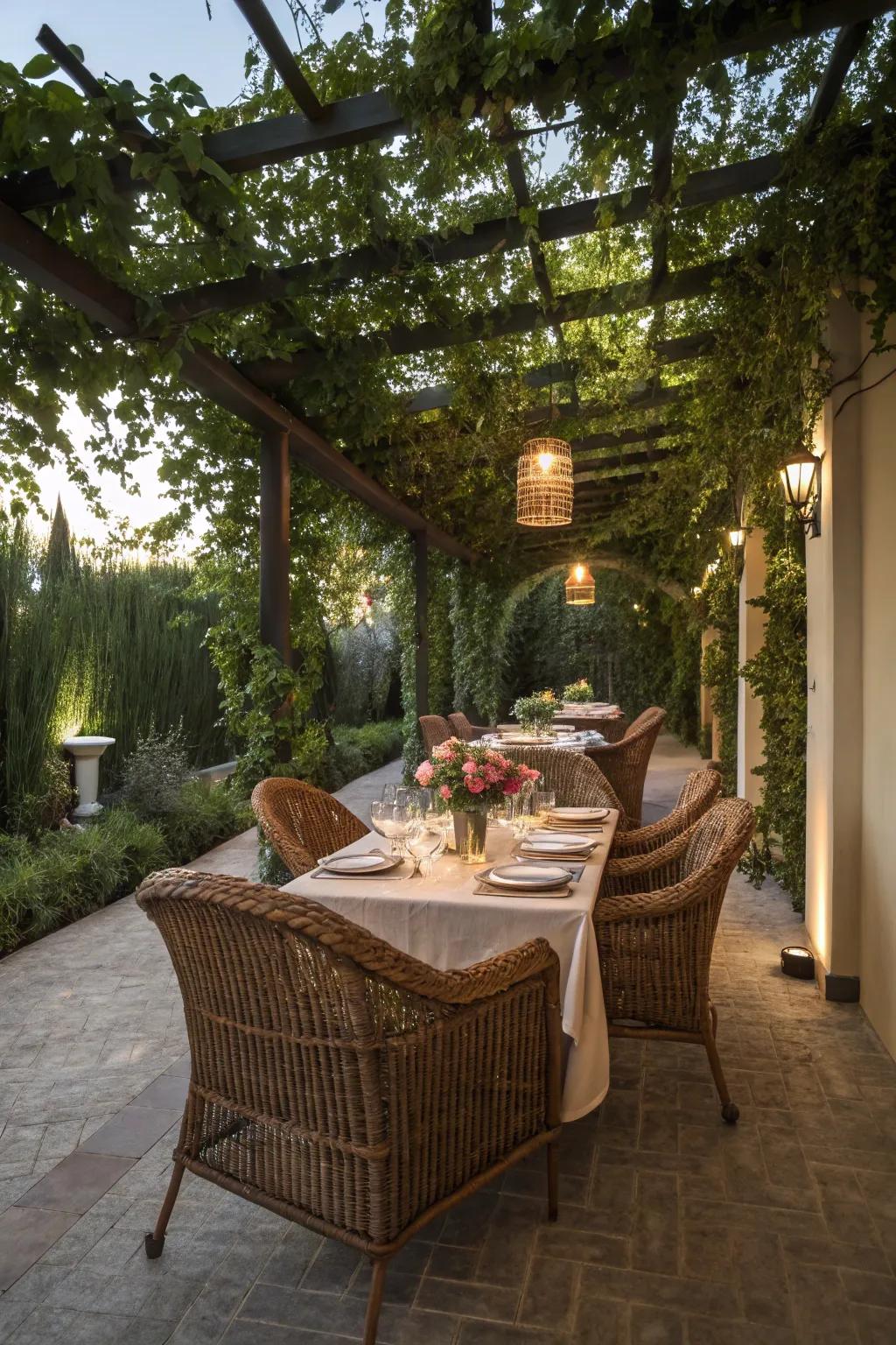 Wicker furniture adds comfort and style to your pergola.