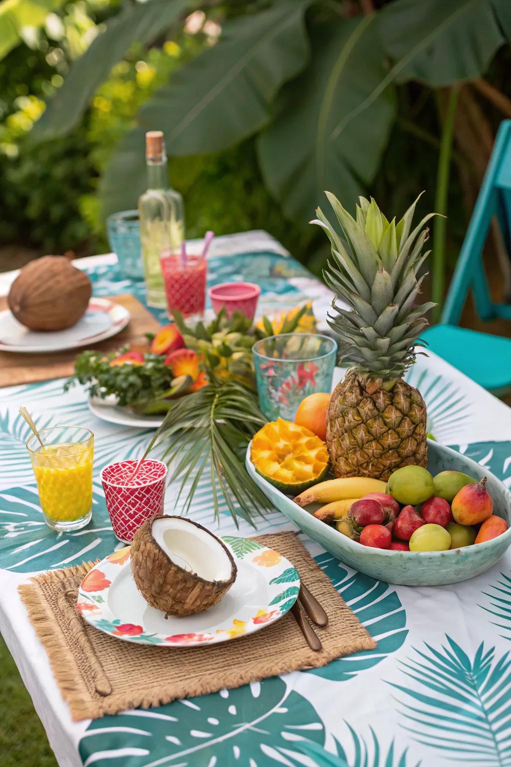 Escape to a tropical oasis with this vibrant table setting.