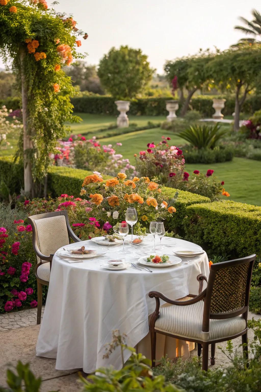 Dine in a garden paradise with greenery and floral beauty all around.