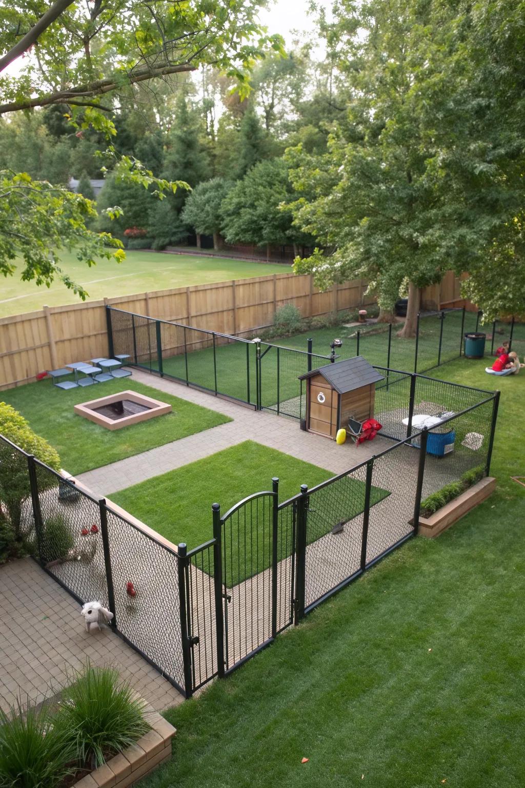Multi-zone areas cater to various dog activities.