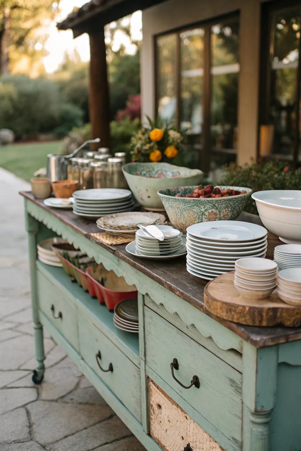 An outdoor buffet made from a dresser, ideal for hosting meals.