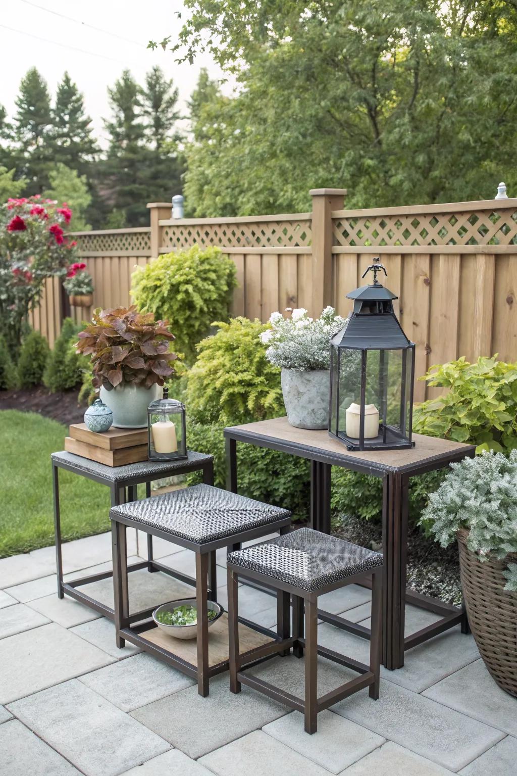 Nested tables offer adaptability and extra space for compact patios.