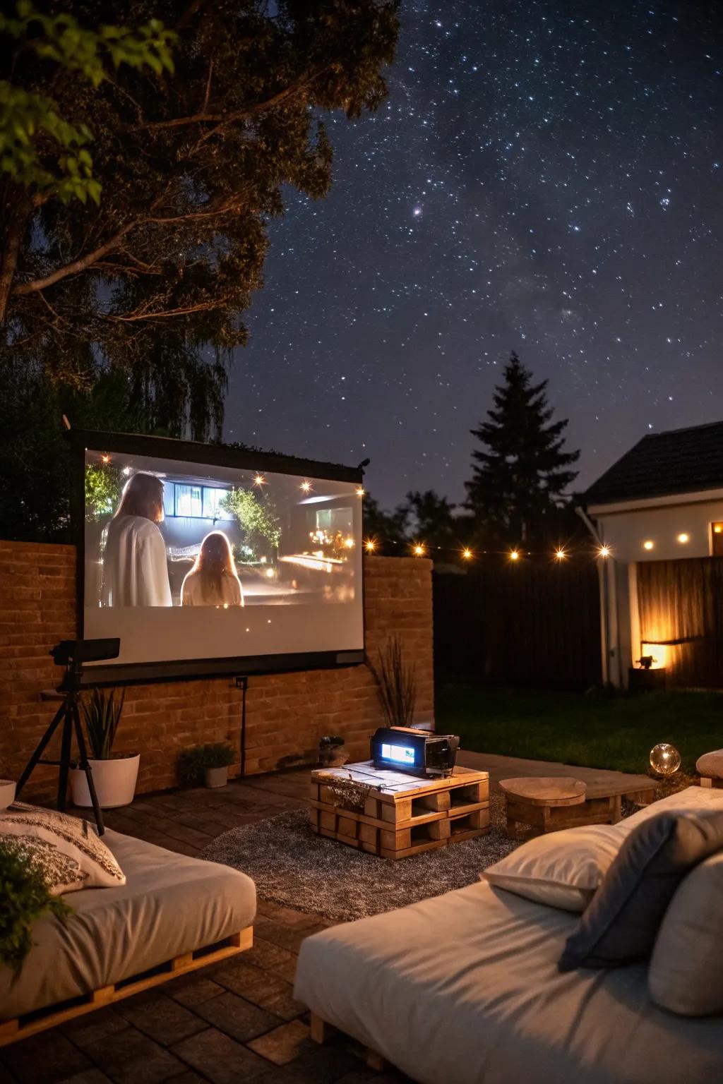 A romantic backyard cinema engagement party.