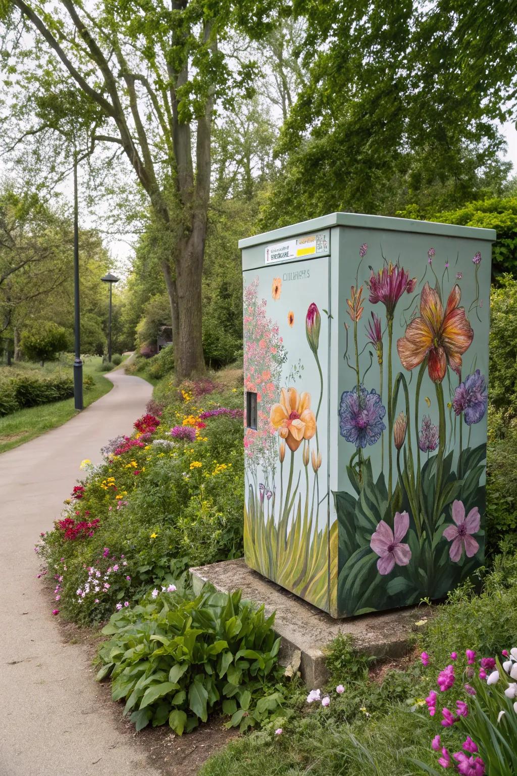 Artistic murals can turn utility boxes into engaging garden art.