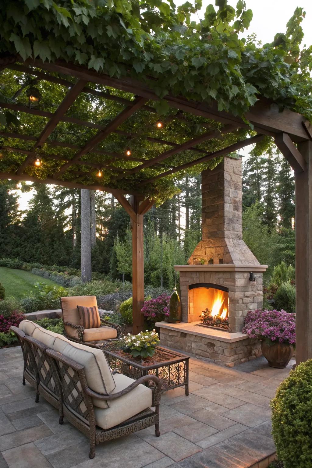A pergola with a fireplace offers a cozy, sheltered retreat.