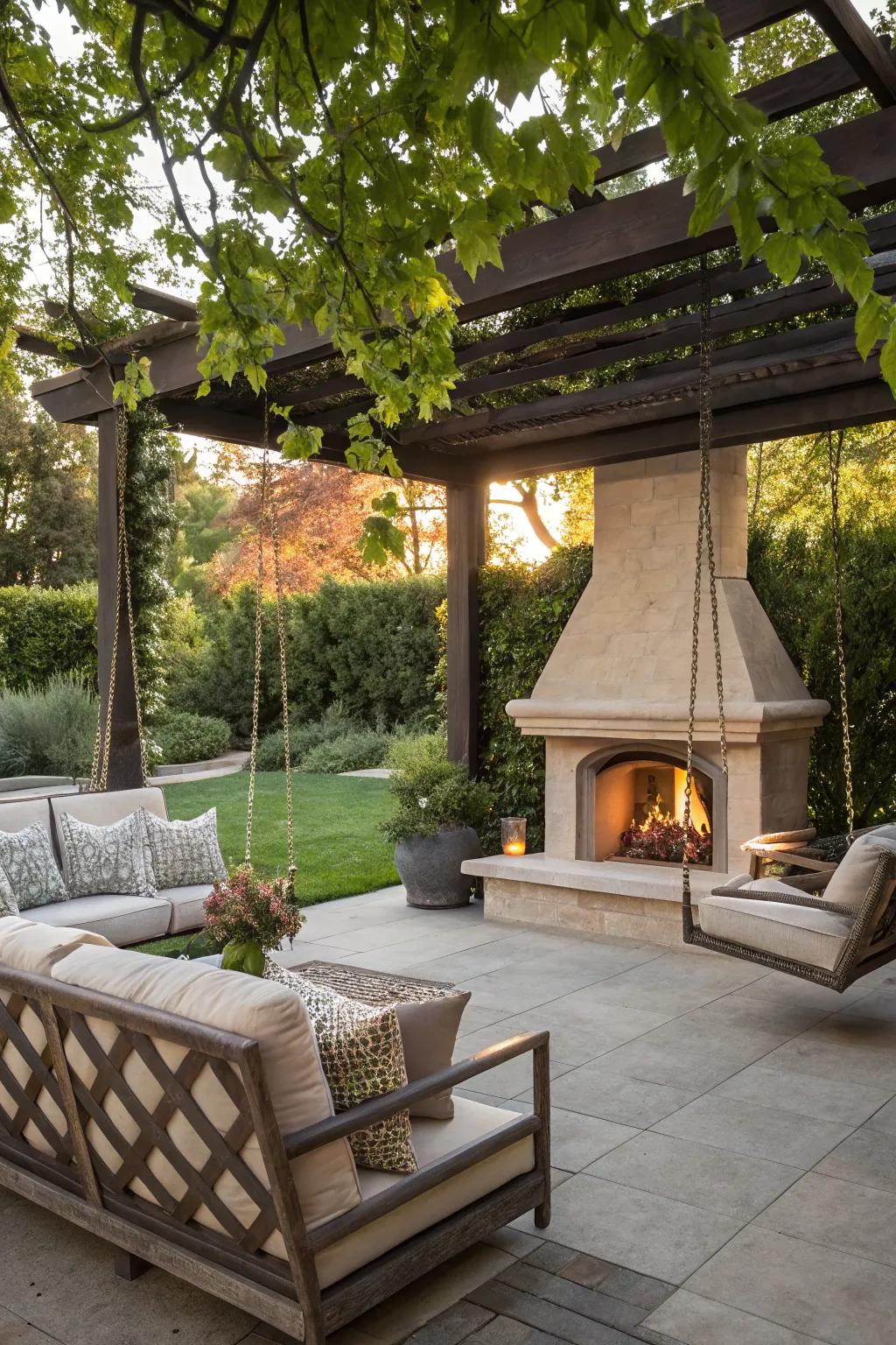 Swing into relaxation with seats around the fire.