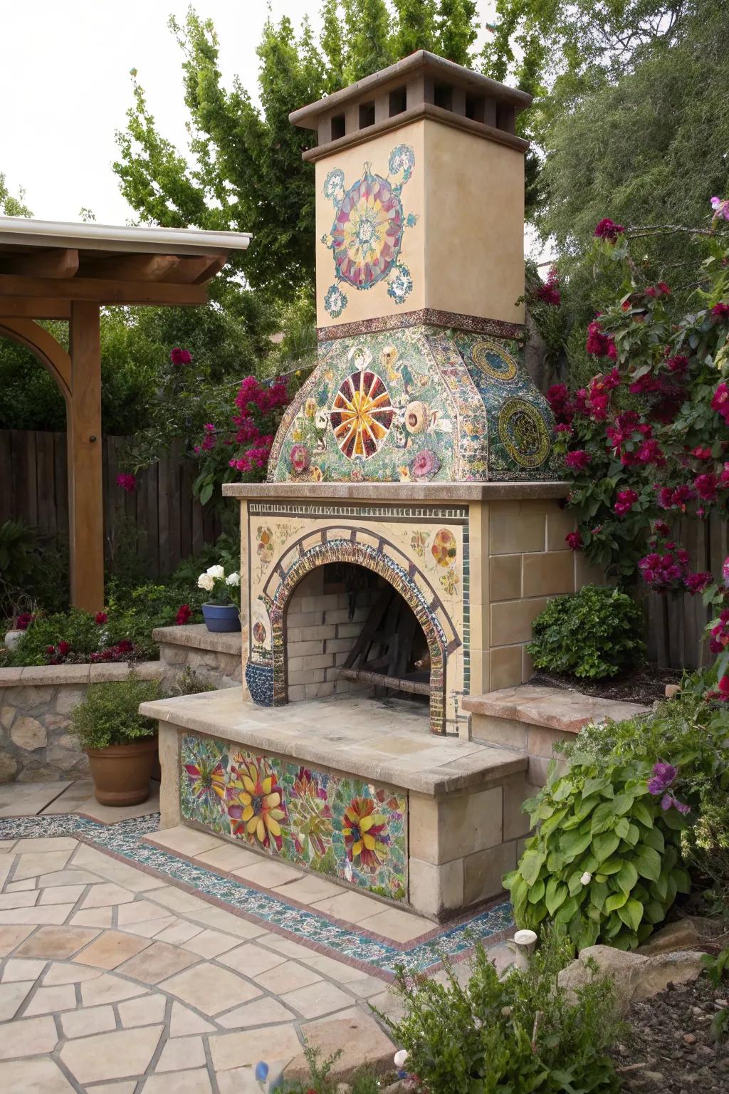 A visually striking outdoor fireplace adorned with a colorful mosaic tile design.
